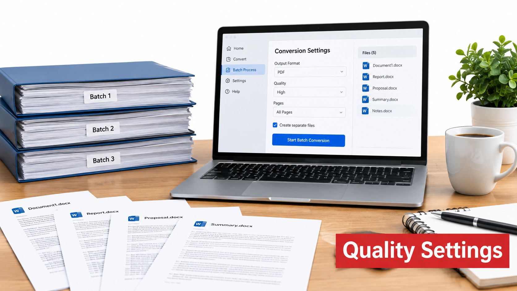 A laptop on a desk showing batch document conversion settings for turning Word files into PDF documents.
