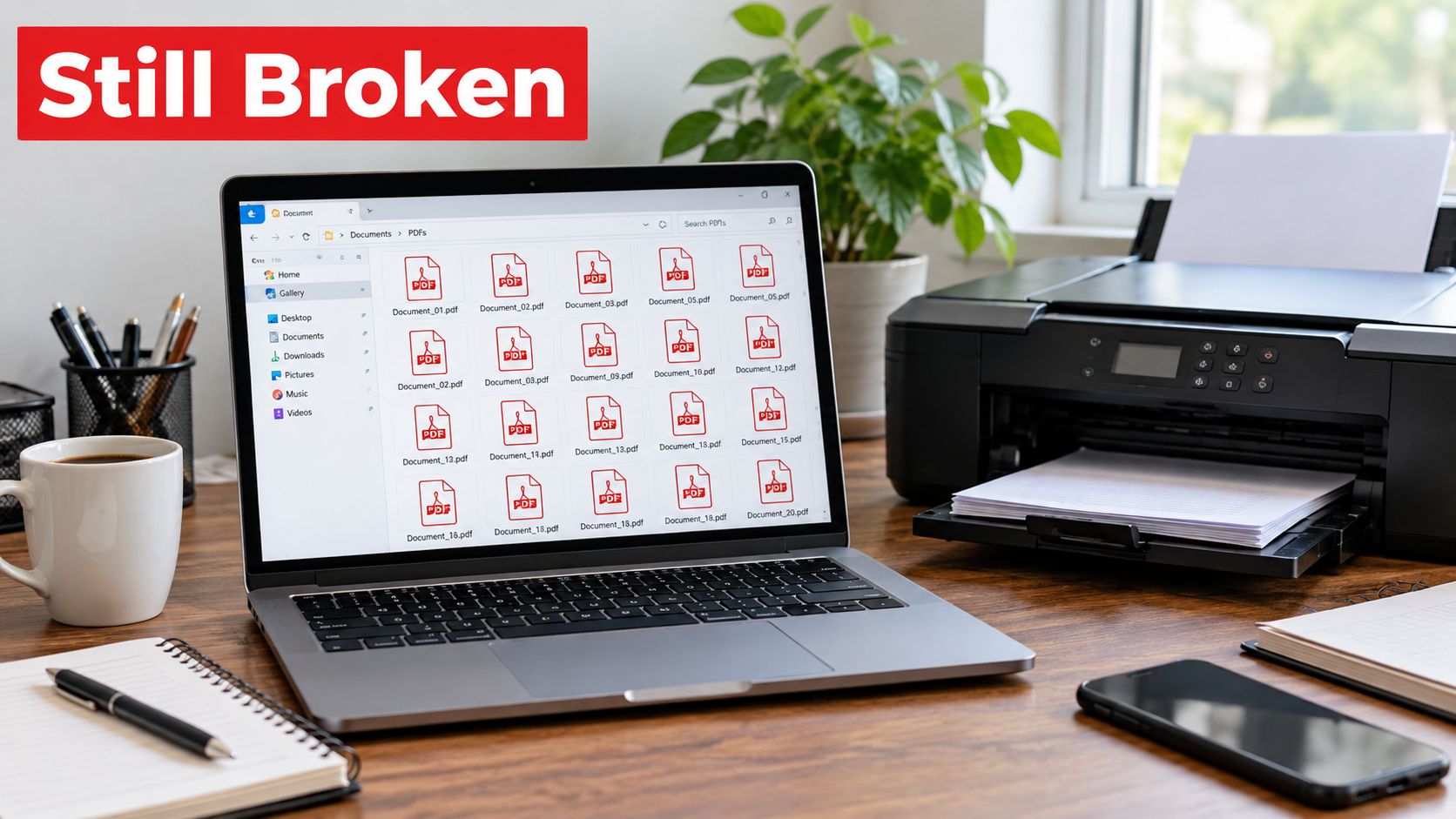 A laptop screen displaying a folder filled with multiple PDF documents on a home office desk.
