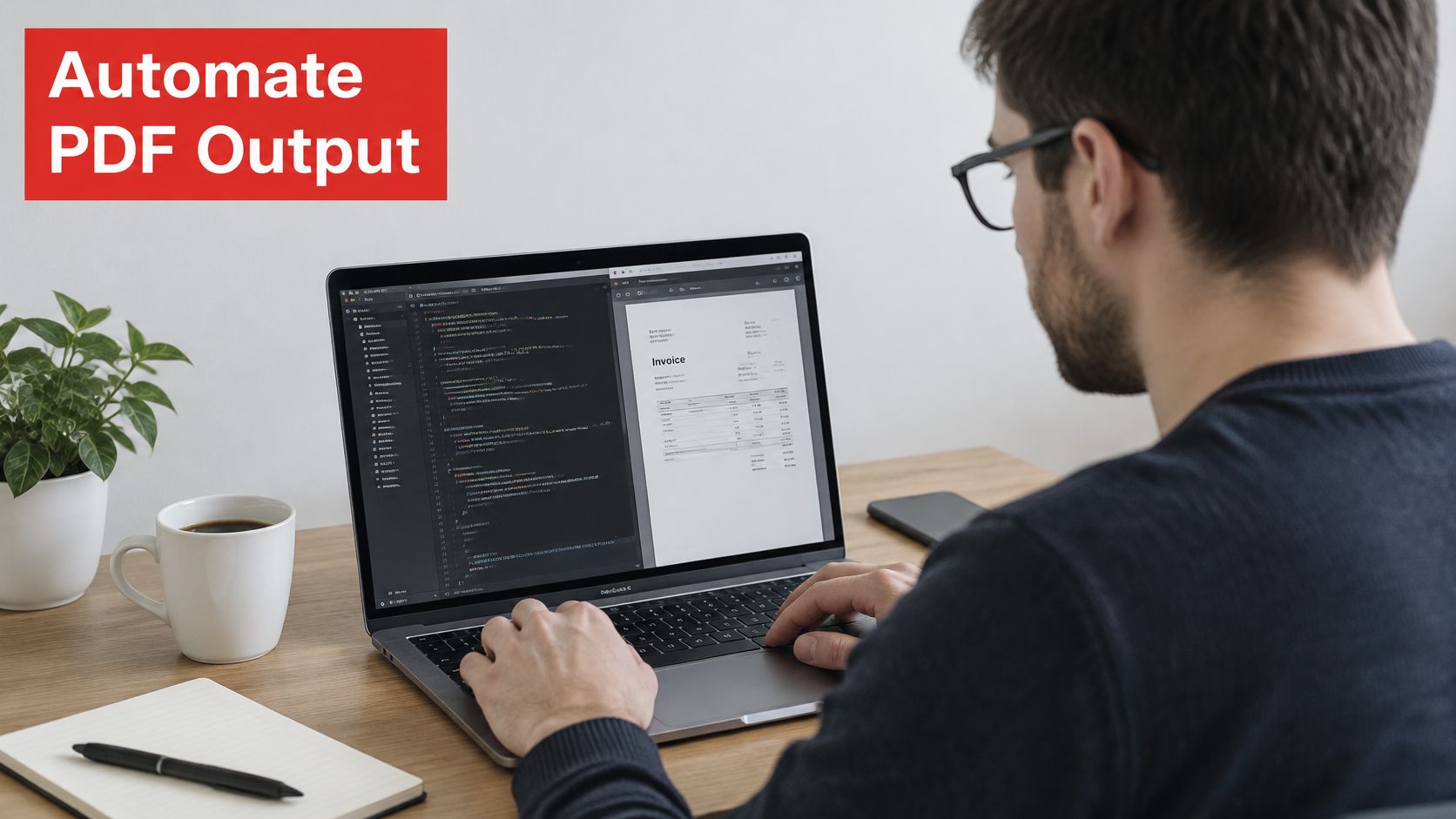 A professional developer writing code on a laptop to automate the conversion of files into PDF invoices.