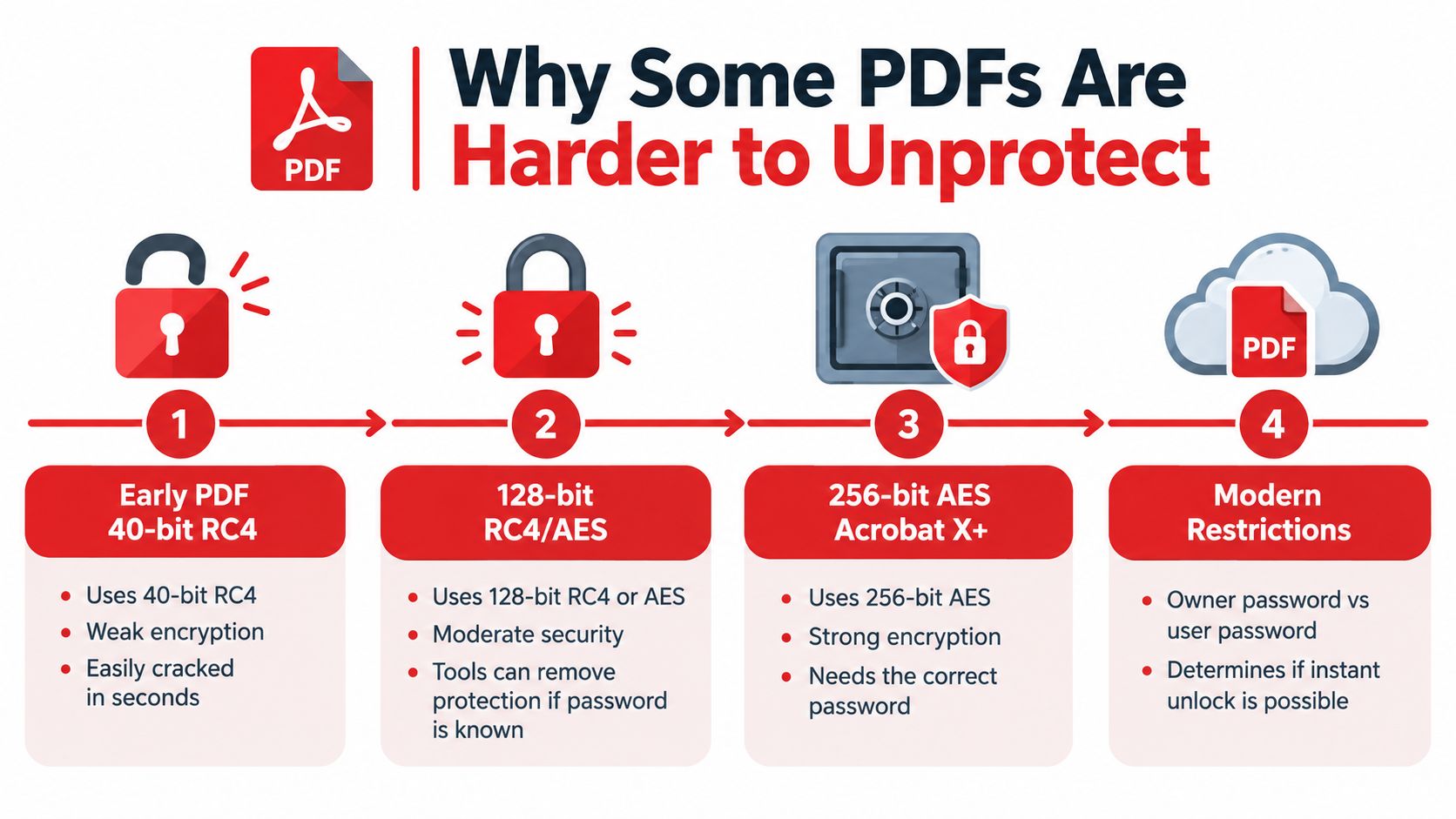 An infographic showing four levels of PDF protection, explaining why some files are harder to unprotect.