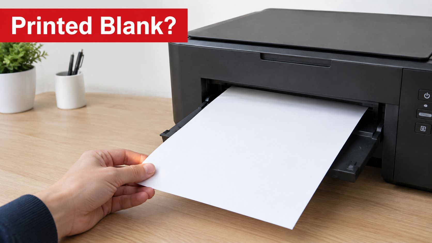 A hand holding a blank piece of paper coming out of a black home office inkjet printer.