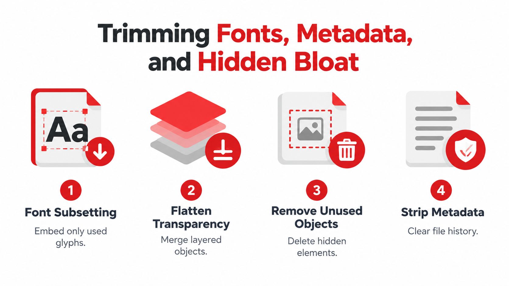 A four-step infographic illustrating how to optimize file size by removing fonts, metadata, and unused elements.