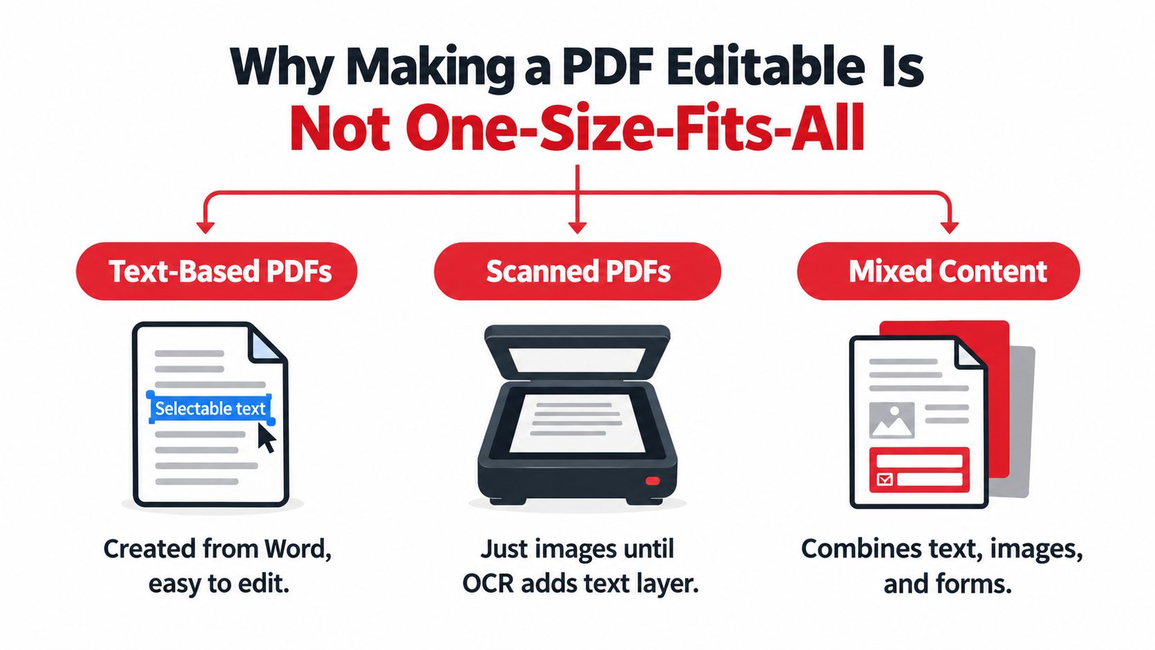 An infographic showing that PDF files come in text-based, scanned, and mixed content formats for editing.