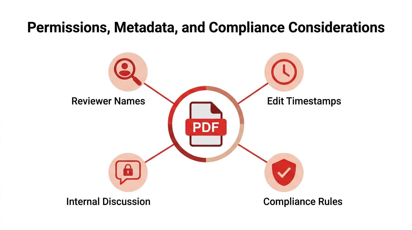 A diagram illustrating PDF permissions, metadata, and compliance considerations with icons for reviewers, timestamps, discussions, and rules.