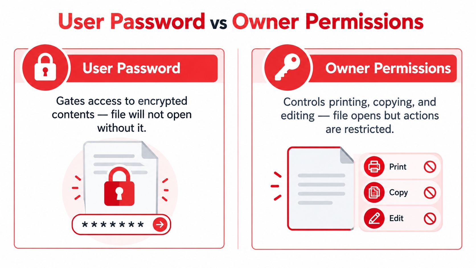 An infographic showing the difference between User Password and Owner Permissions for protecting PDF documents.