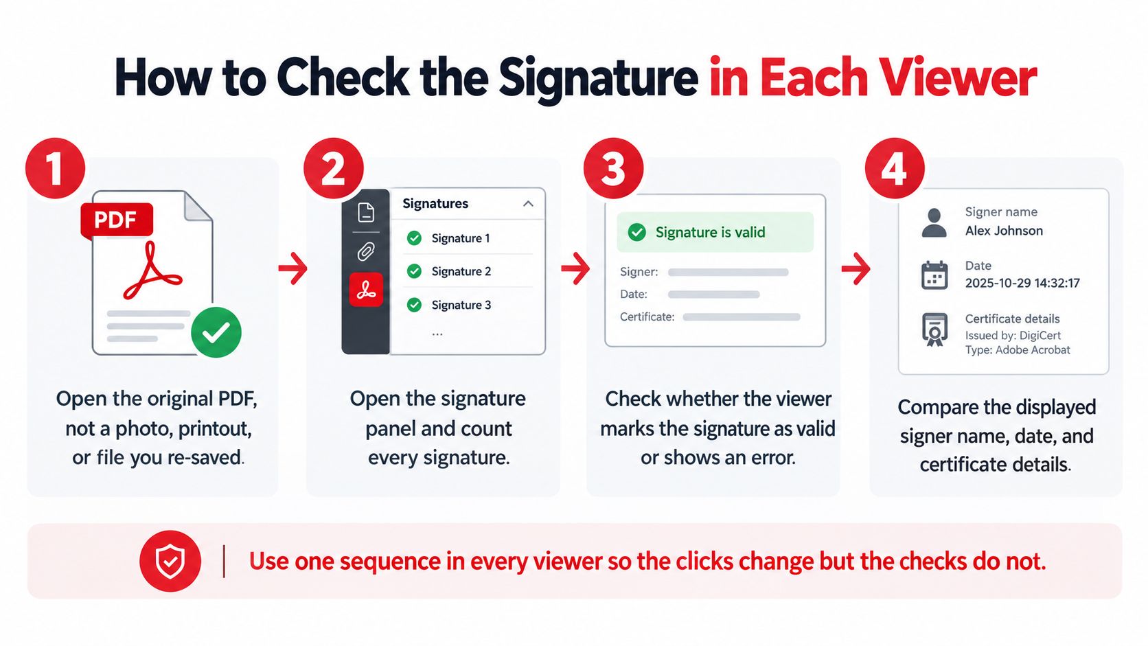 A four-step infographic illustrating how to verify digital signatures in a PDF document using viewer software.