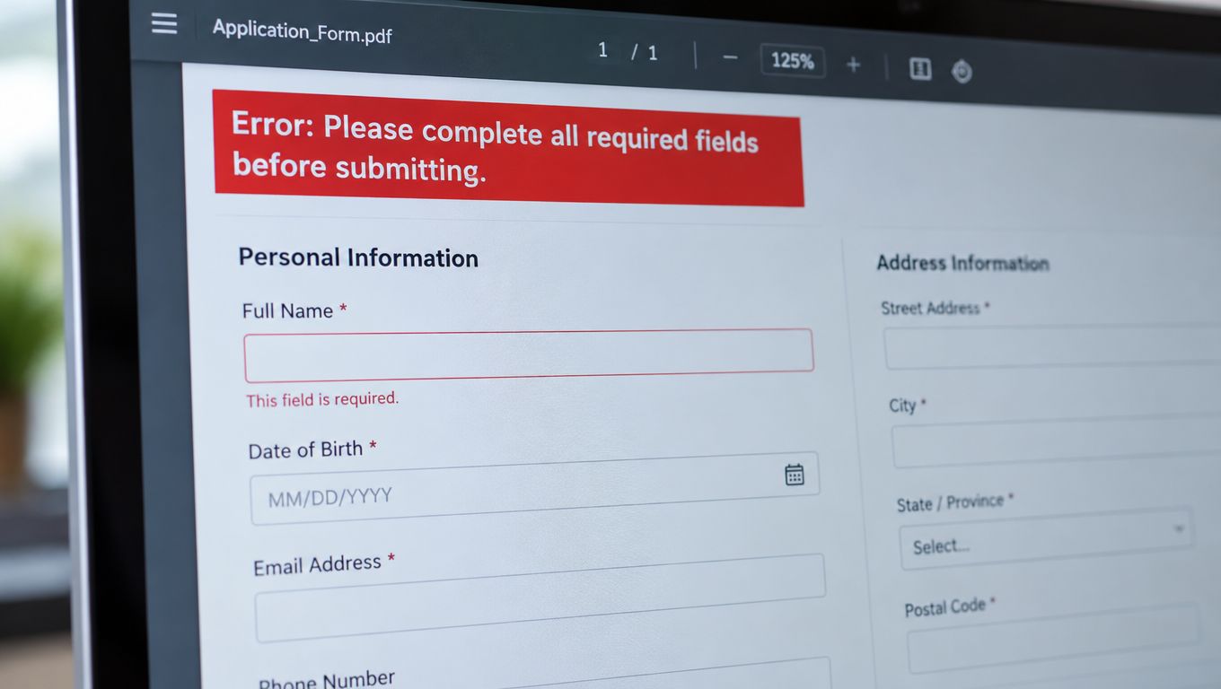 A close-up view of a computer screen displaying an incomplete online PDF application form with error messages.