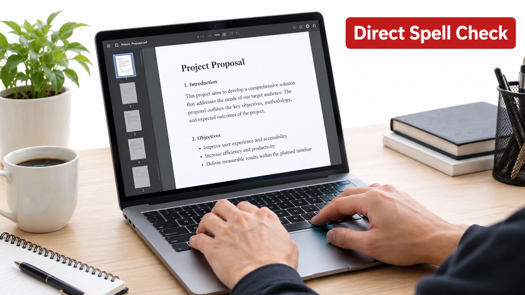 A person working on a laptop displaying a project proposal document to check spelling in PDF.