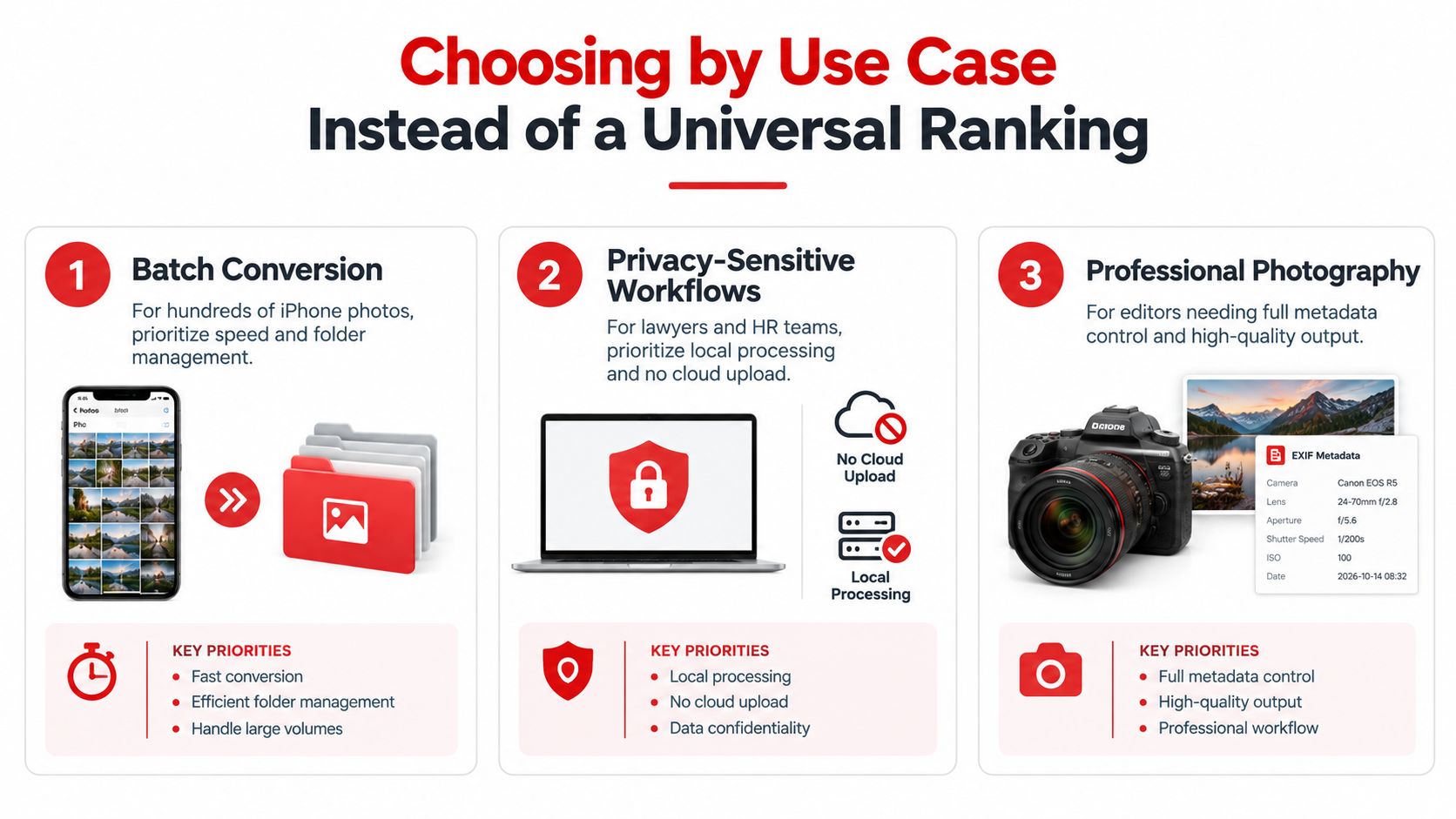 A graphic explaining how to choose the right file conversion tool based on specific user requirements.