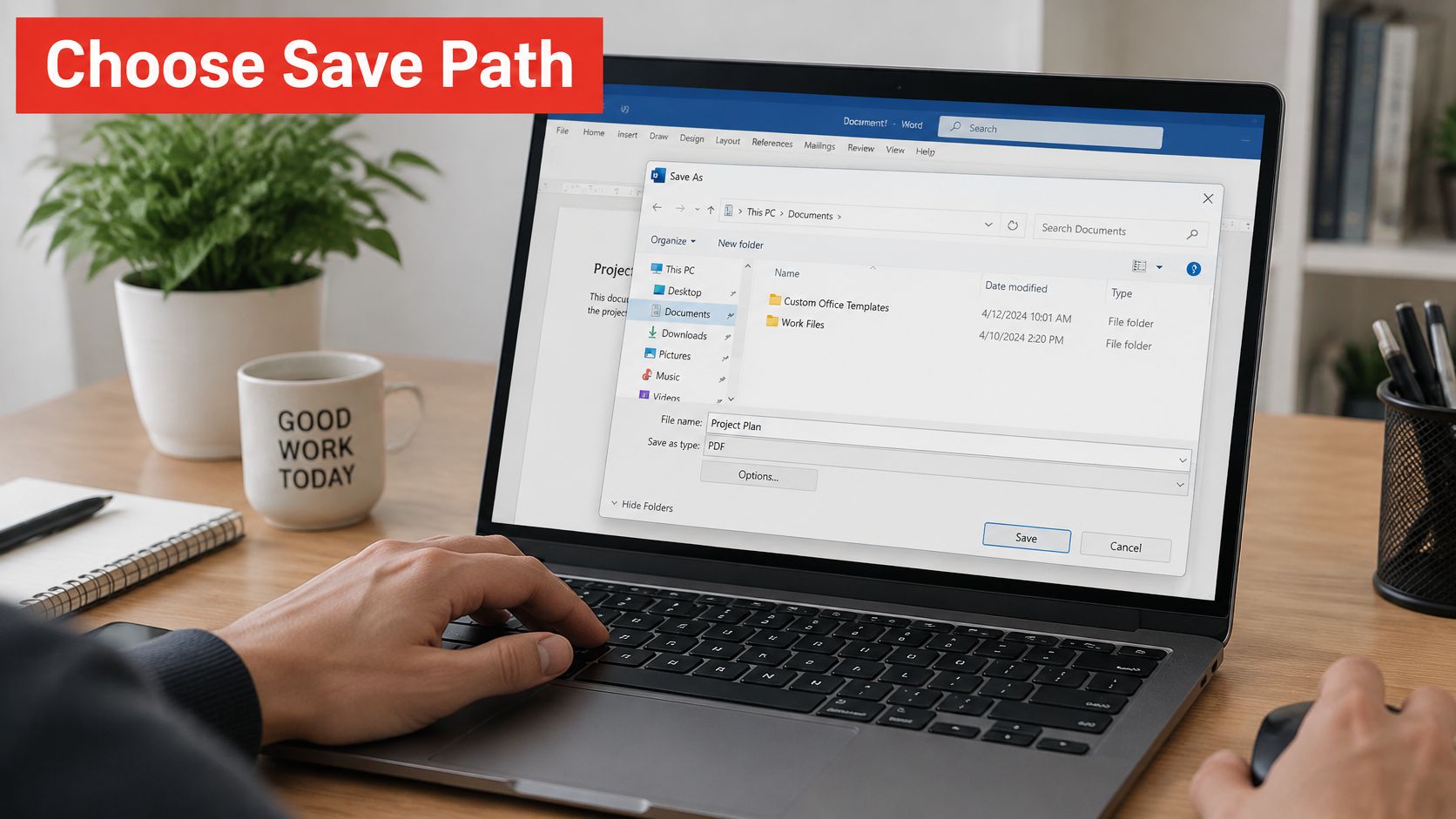 A person using a laptop to save a document as a PDF file in Microsoft Word.