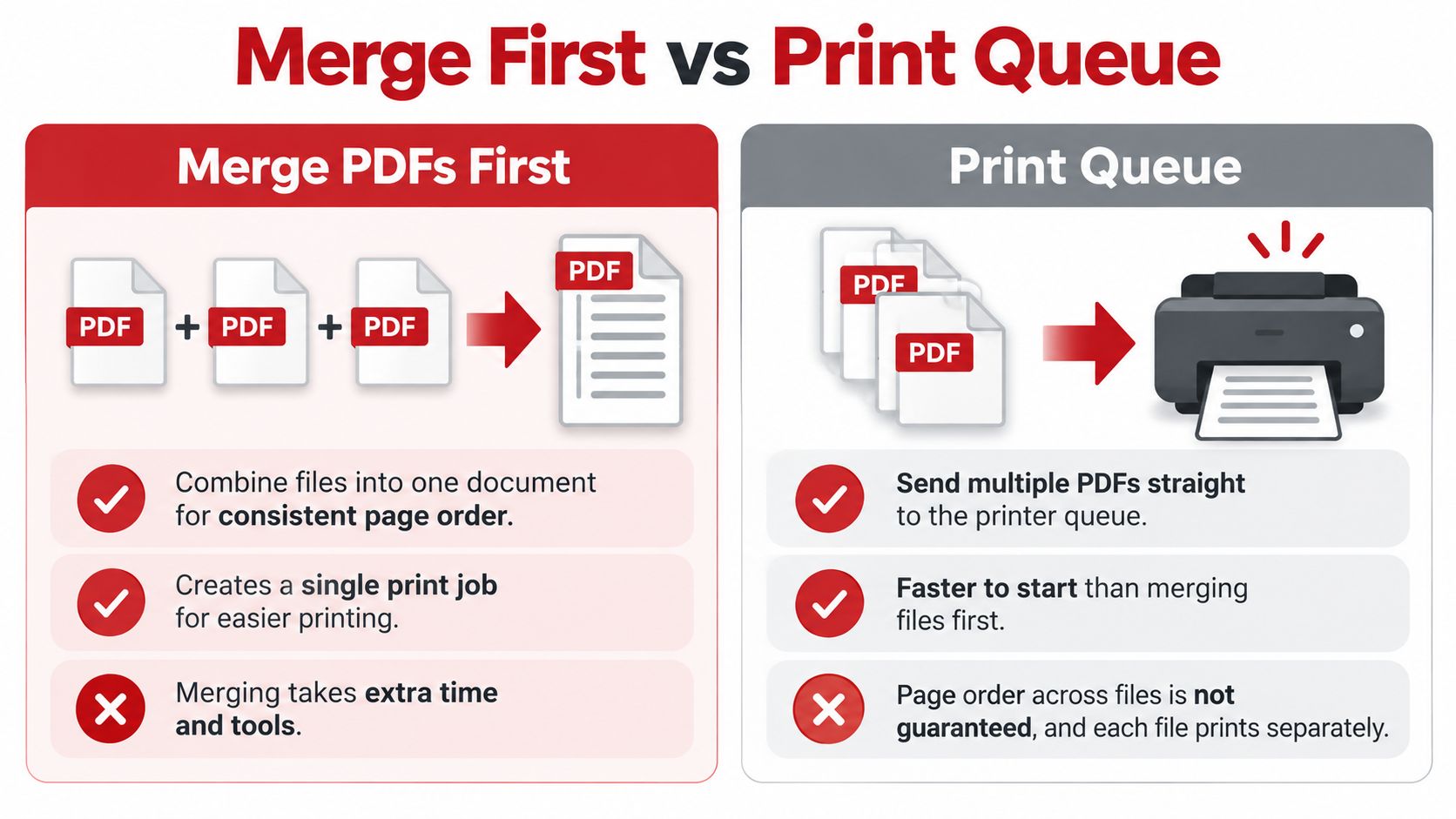 A comparison chart highlighting the pros and cons of merging PDF files versus using a print queue.