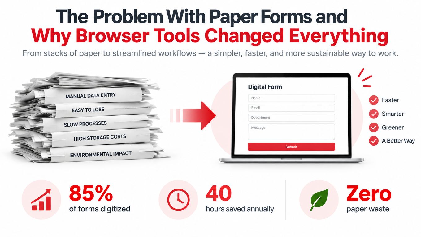 A comparison illustration showing the transition from stacks of paper forms to digital browser-based form workflows.