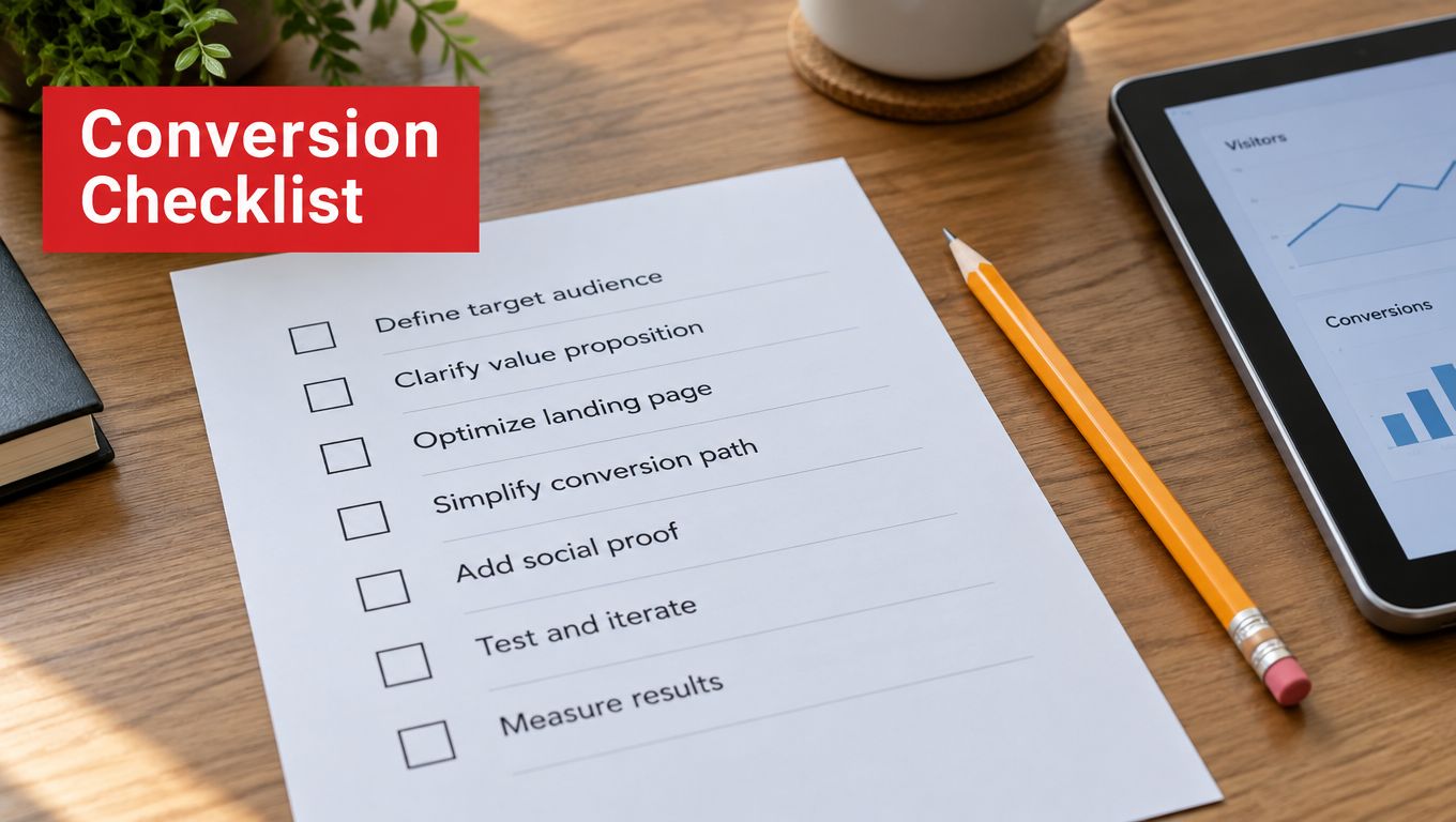 A printed conversion checklist on a wooden desk next to a tablet displaying marketing analytics graphs.