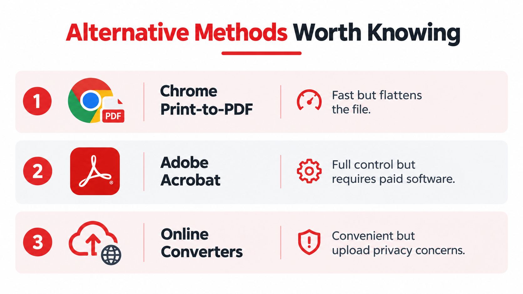 A list showing three alternative methods for handling PDF files including Chrome, Adobe Acrobat, and online converters.