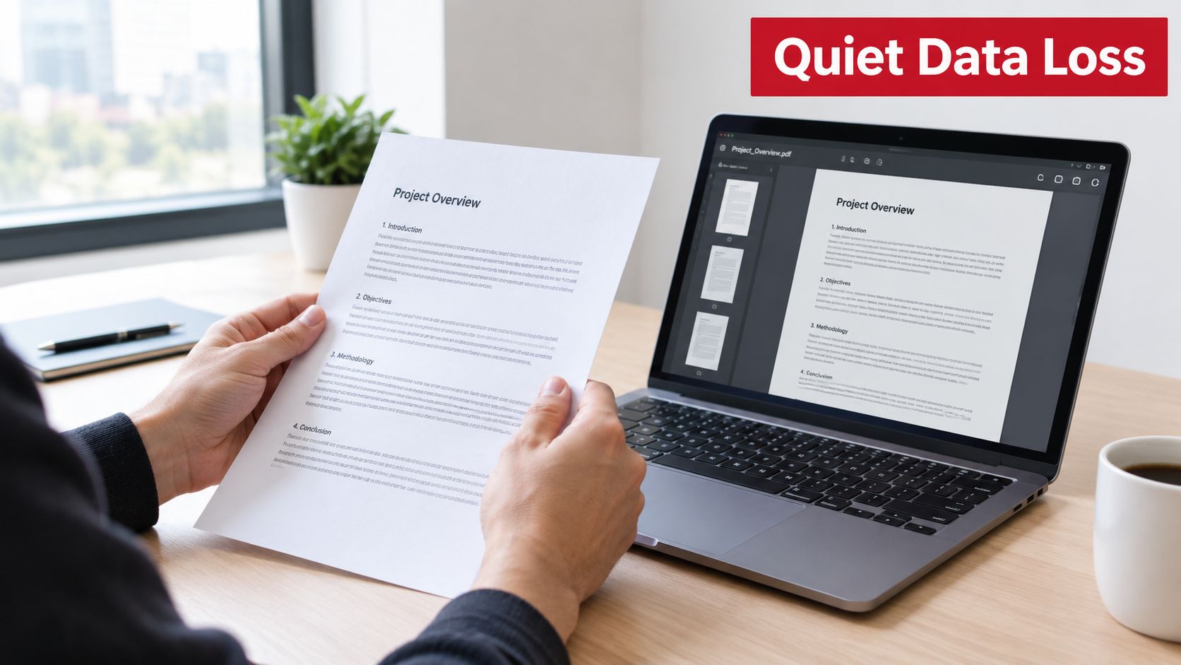 A person holding a printed document while comparing it with a digital PDF version on a laptop.