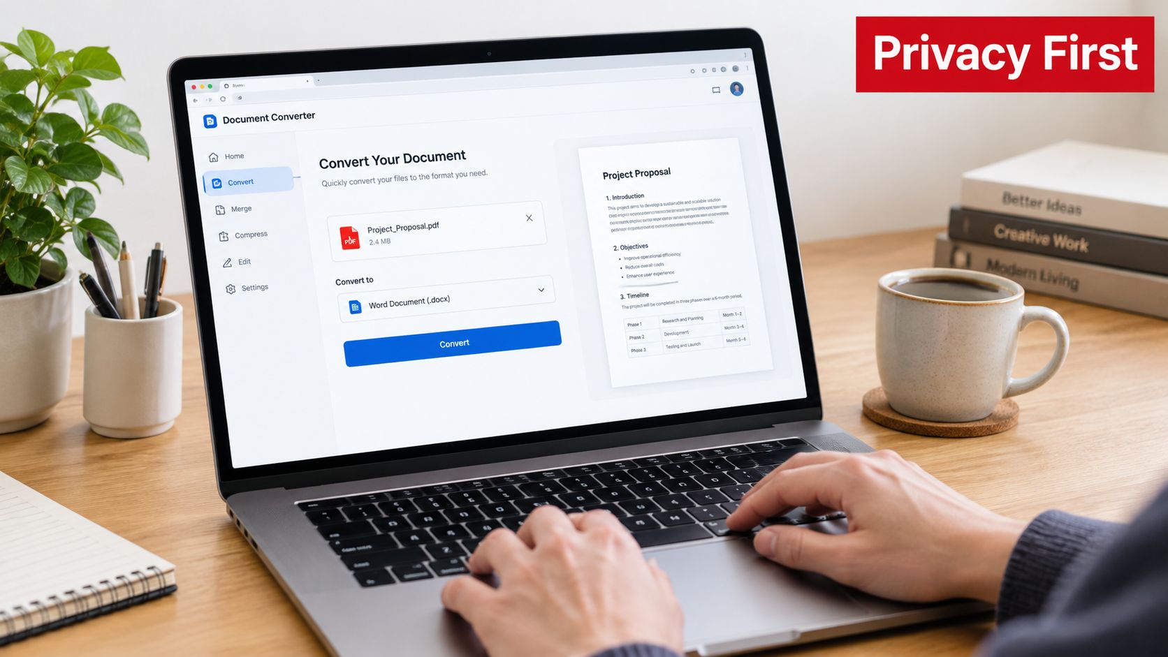A person using a laptop to convert a PDF project proposal document into a Word file online.