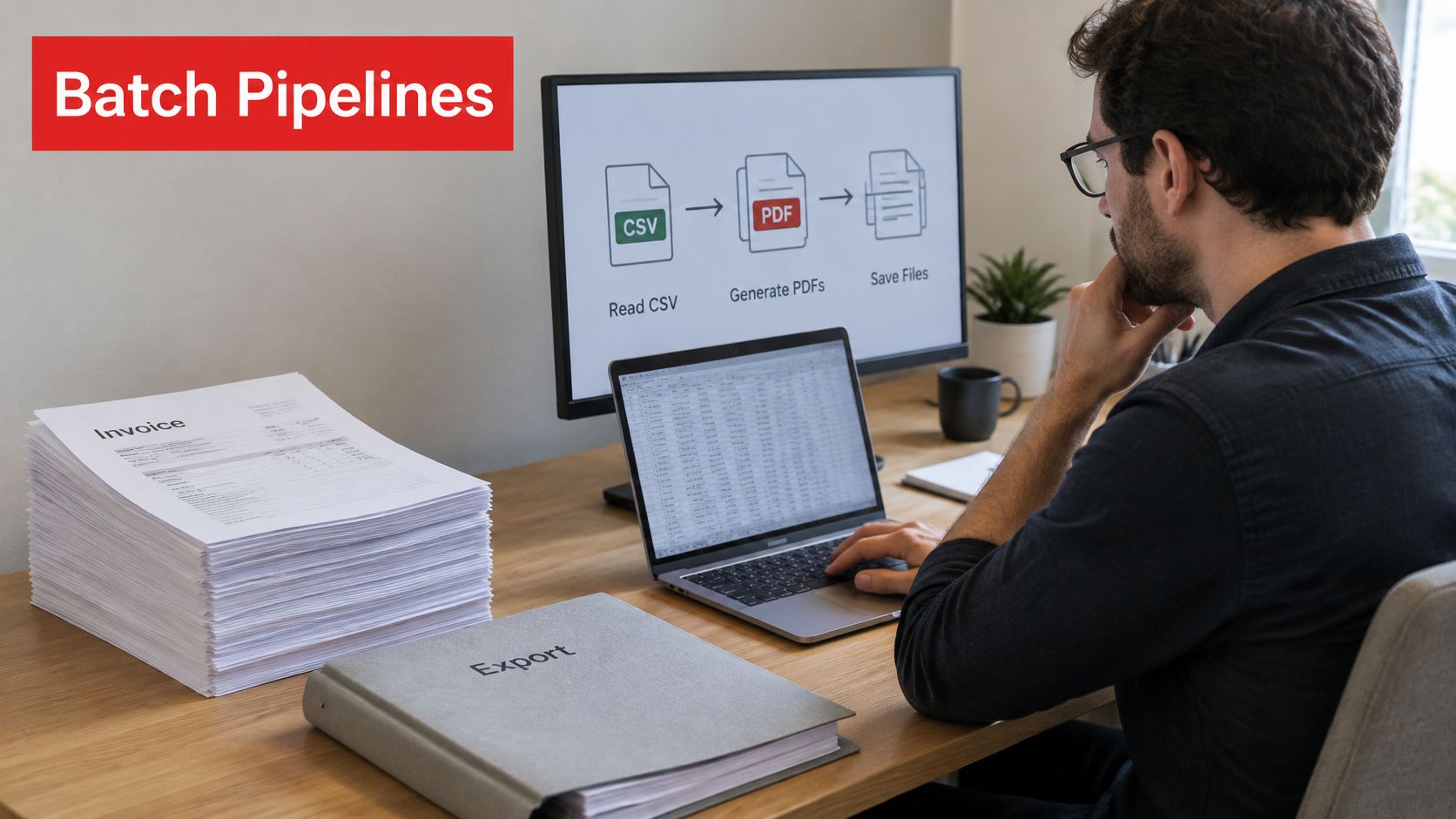 A professional working on a laptop with a diagram illustrating a CSV file to PDF conversion pipeline.