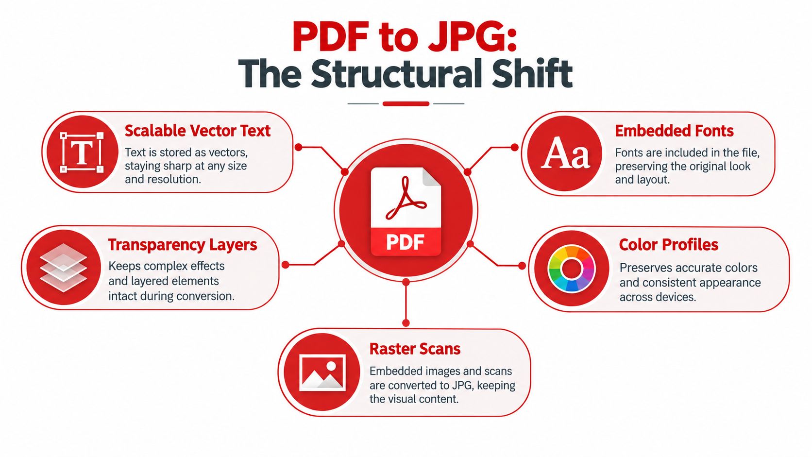 A diagram explaining the structural shift when converting a PDF file into a JPG image format.