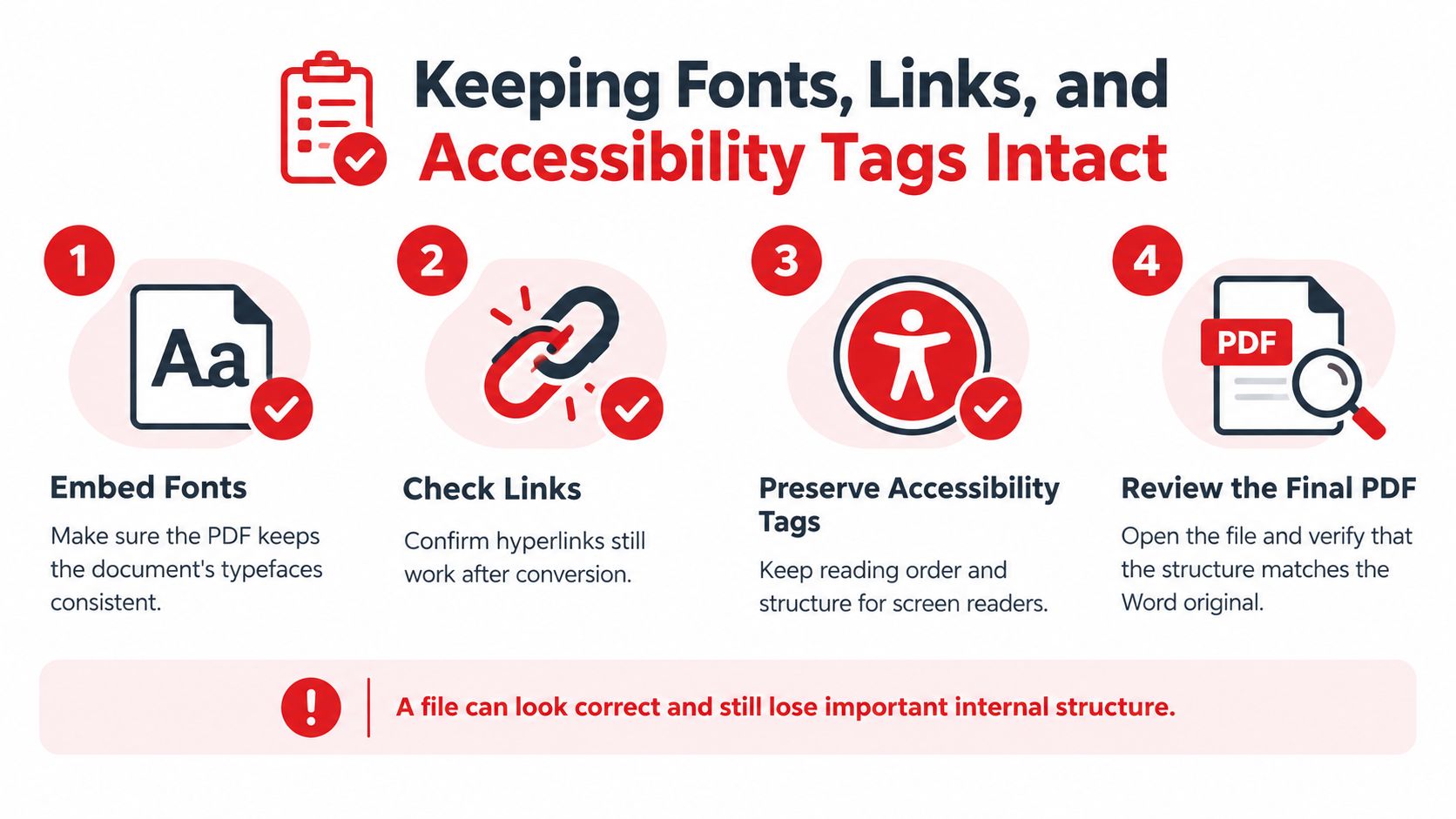 An infographic showing four steps to maintain document integrity when converting a Word file to PDF format.