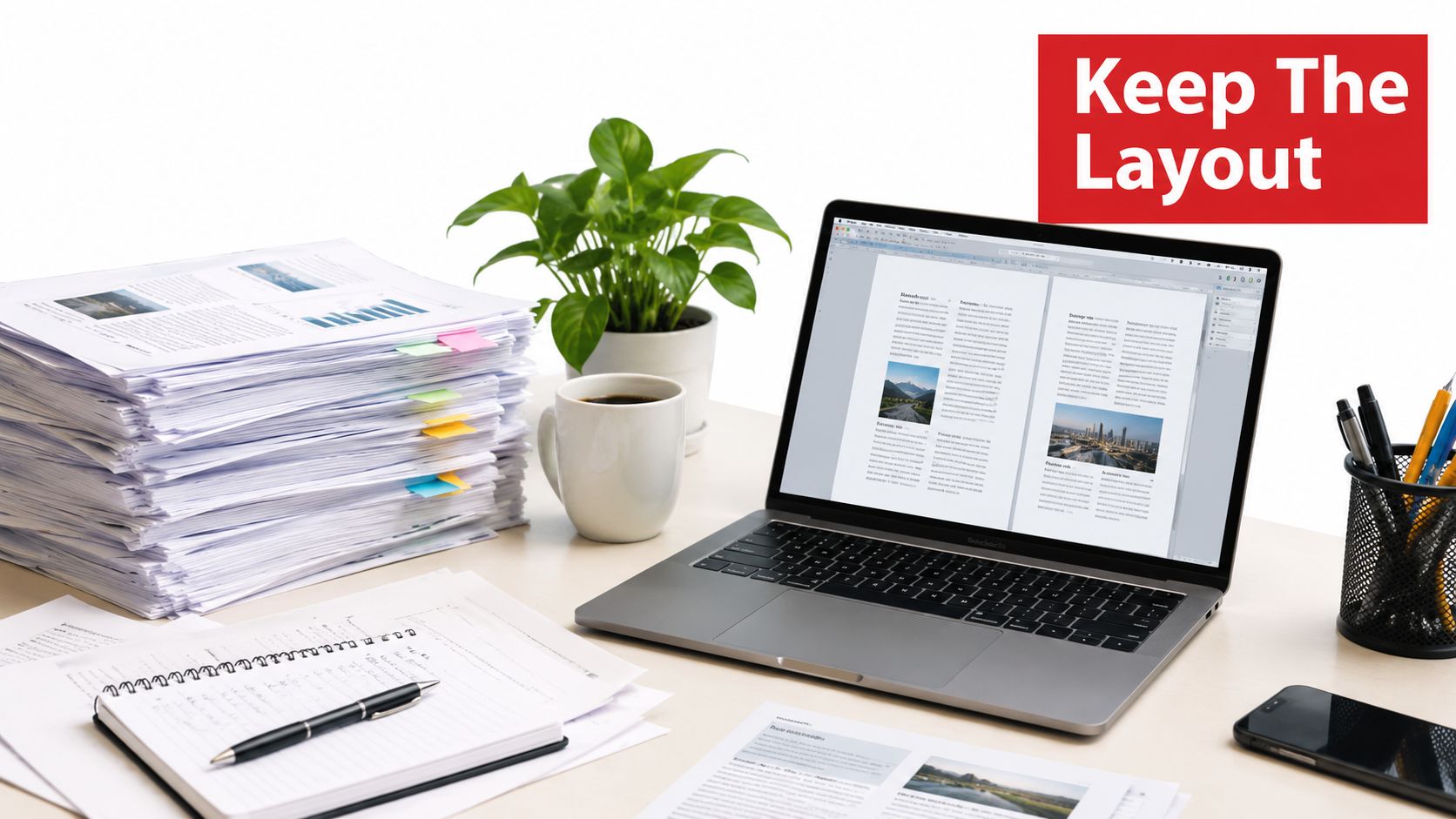 A workspace featuring a laptop, a large stack of documents, a notebook with a pen, and a plant.