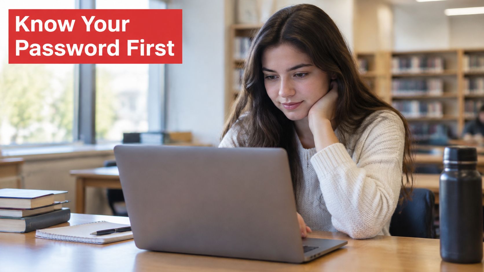 A young female student sits at a library desk working on her laptop with books nearby.