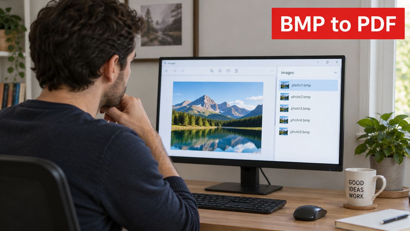 A man sits at a desk working on a computer converting BMP image files to PDF format.