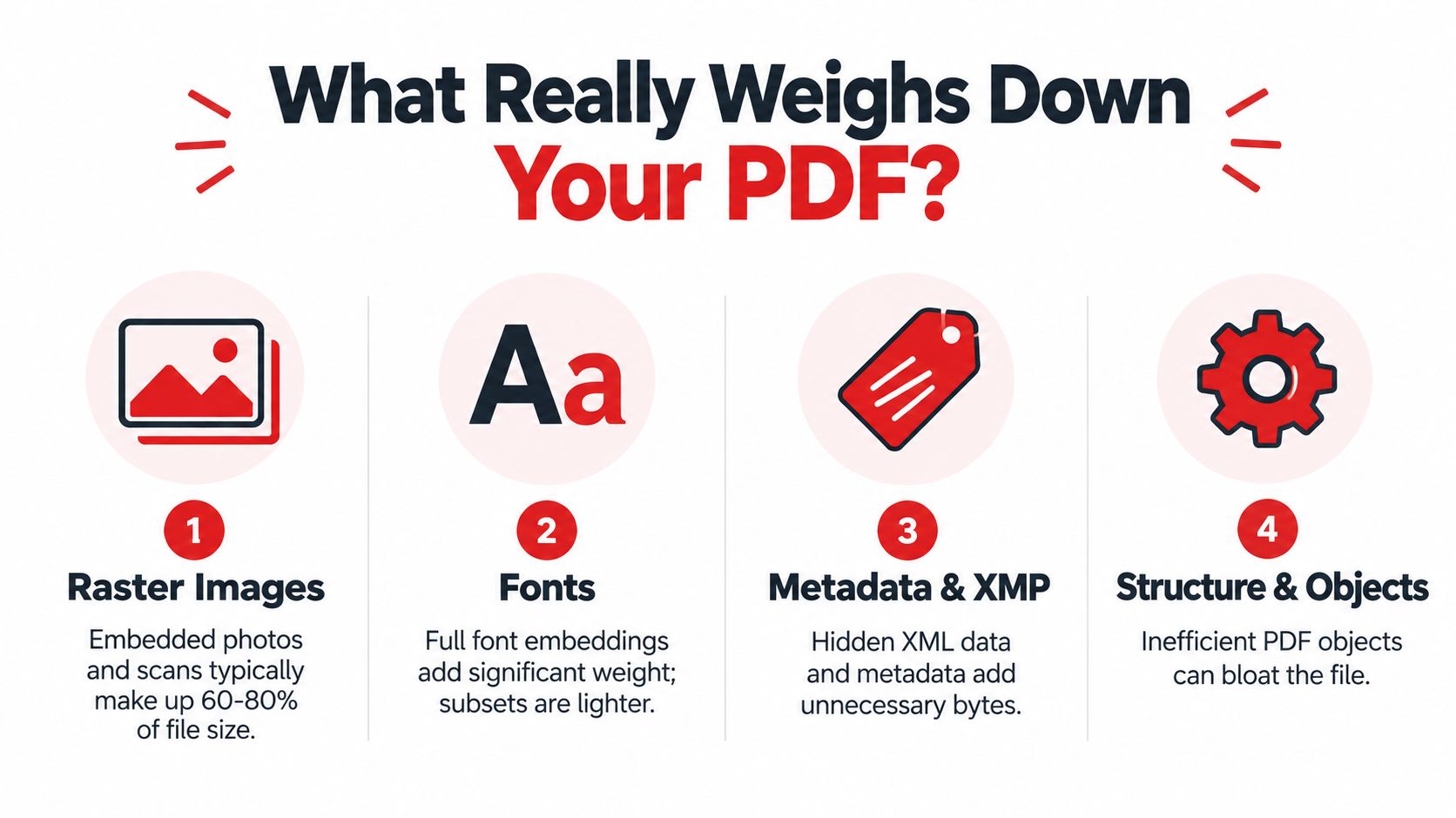 An infographic titled What Really Weighs Down Your PDF detailing four primary causes of large PDF file sizes.