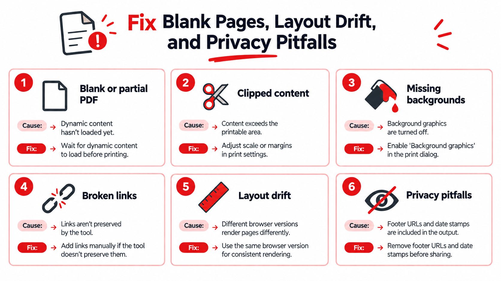 An infographic showing six common troubleshooting steps for saving web pages as PDF documents effectively.