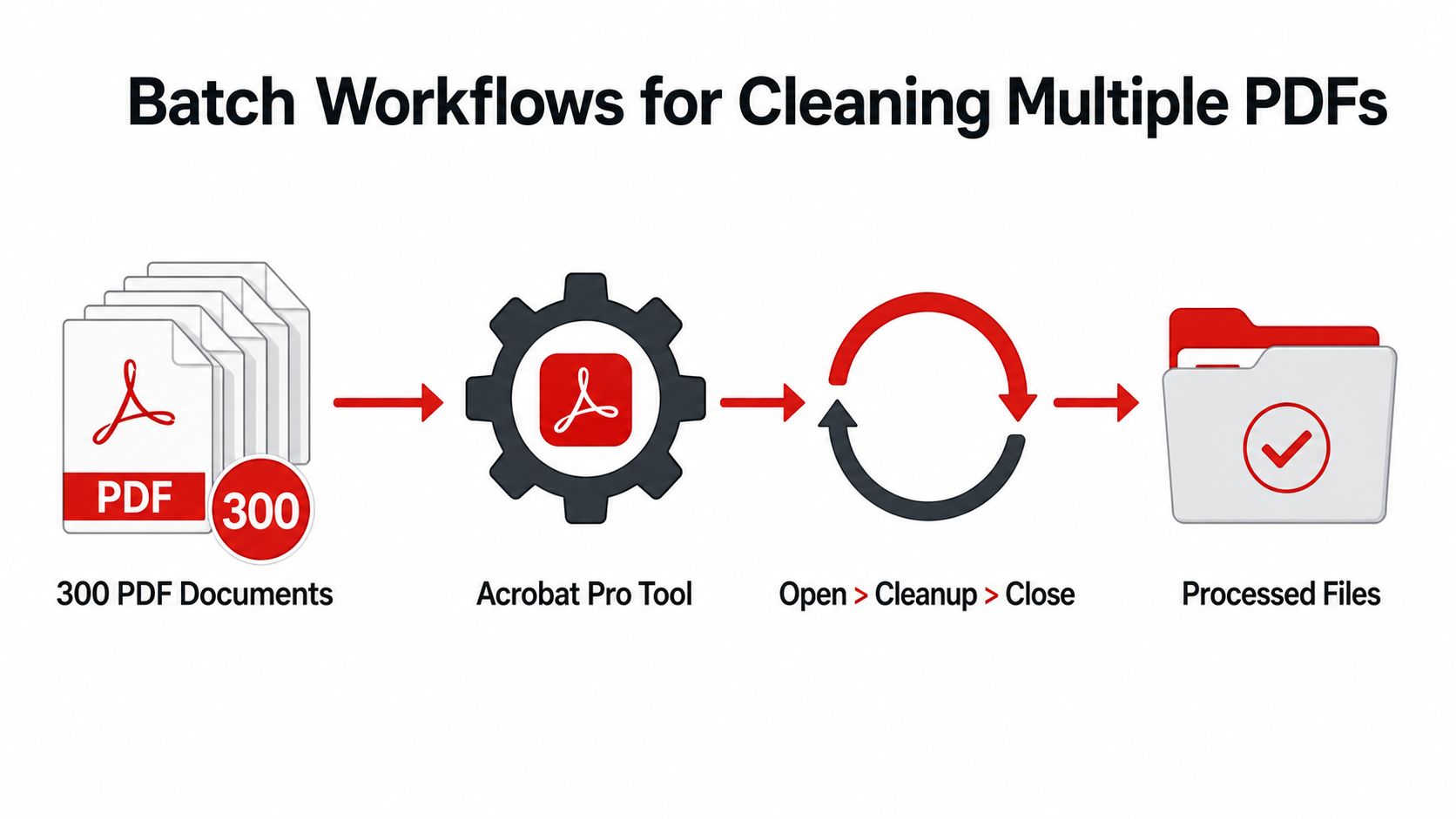 A diagram illustrating a batch workflow for cleaning 300 PDF documents using Adobe Acrobat Pro tools.
