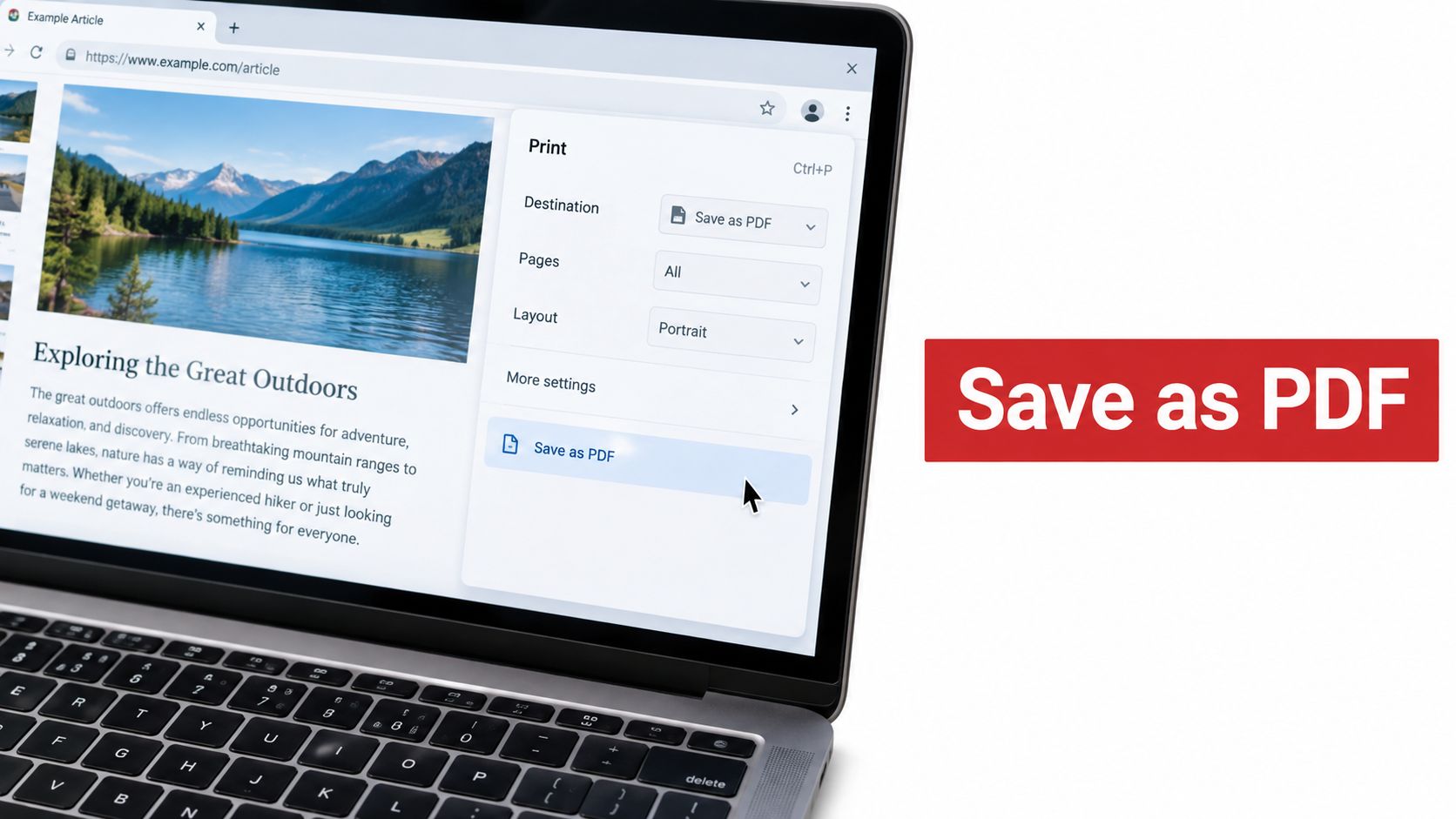 A laptop screen displaying a print dialog menu with the option to save a webpage as PDF.