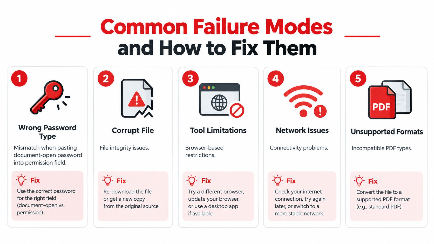 An infographic titled Common Failure Modes and How to Fix Them illustrating five common PDF password errors.
