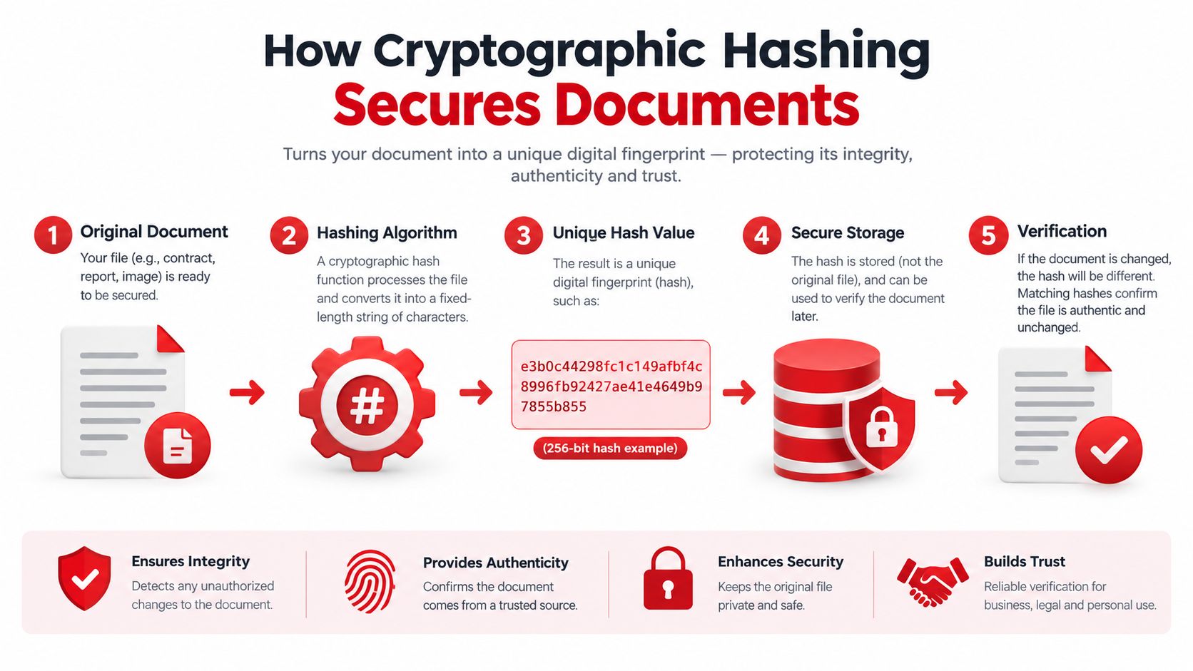 A diagram illustrating the five-step process of how cryptographic hashing secures documents to ensure integrity and authenticity.