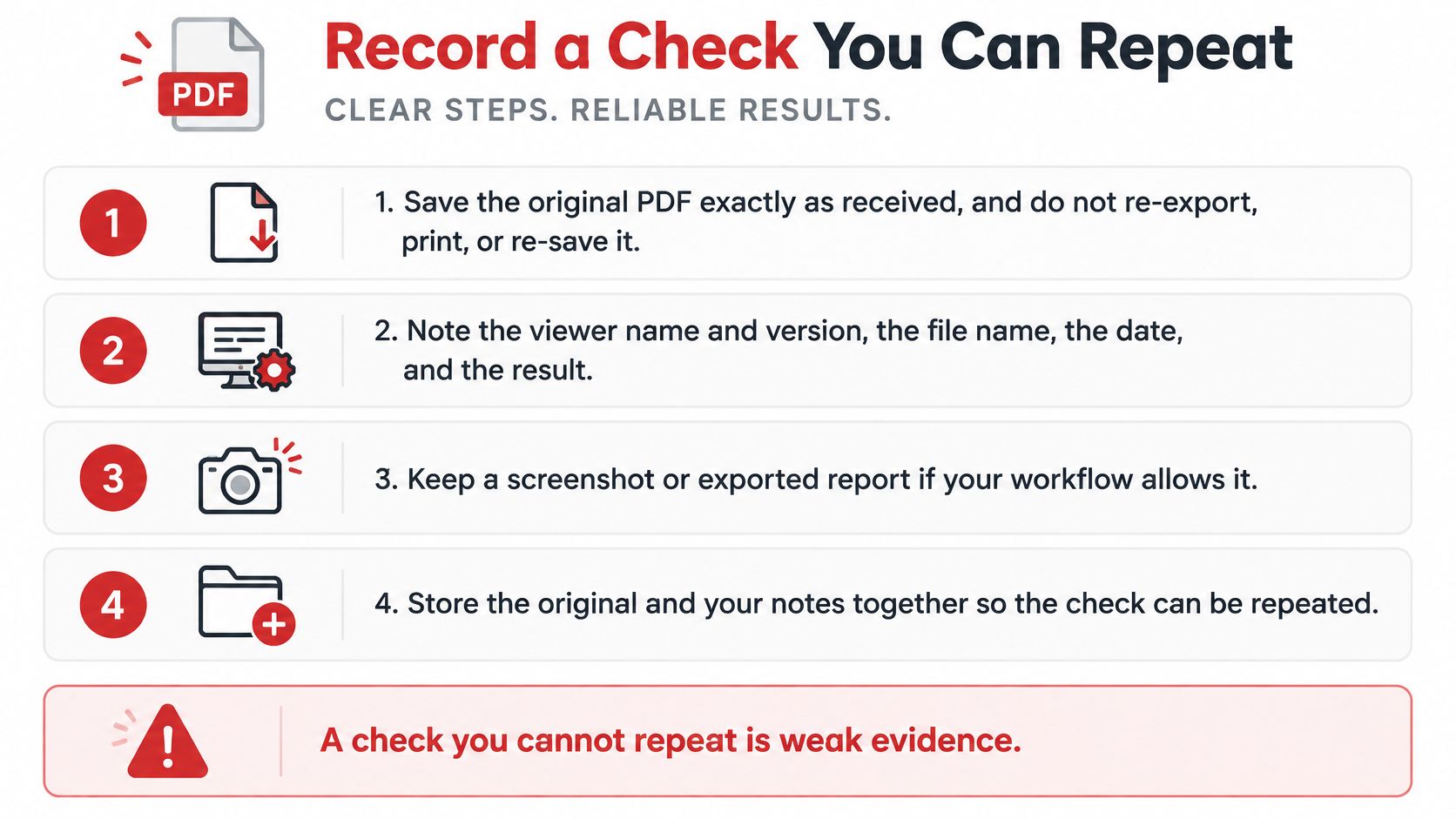 An infographic showing four clear steps to record and repeat a digital document check for evidence.