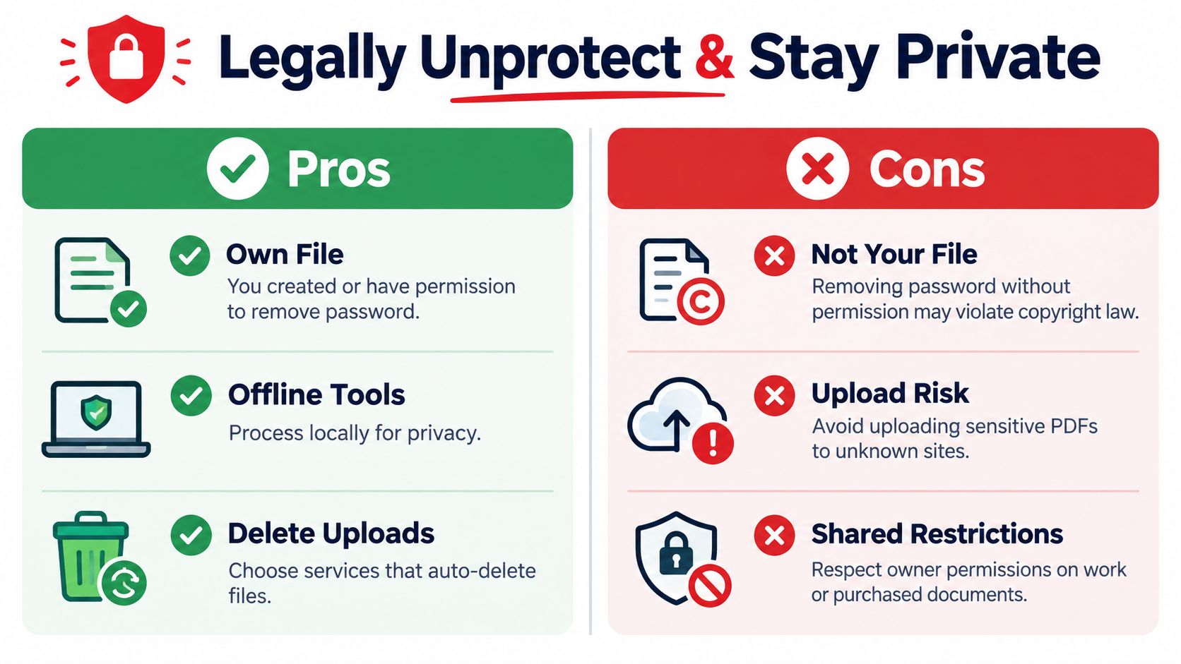 An infographic showing the pros and cons of legally unprotecting files to maintain privacy and security.