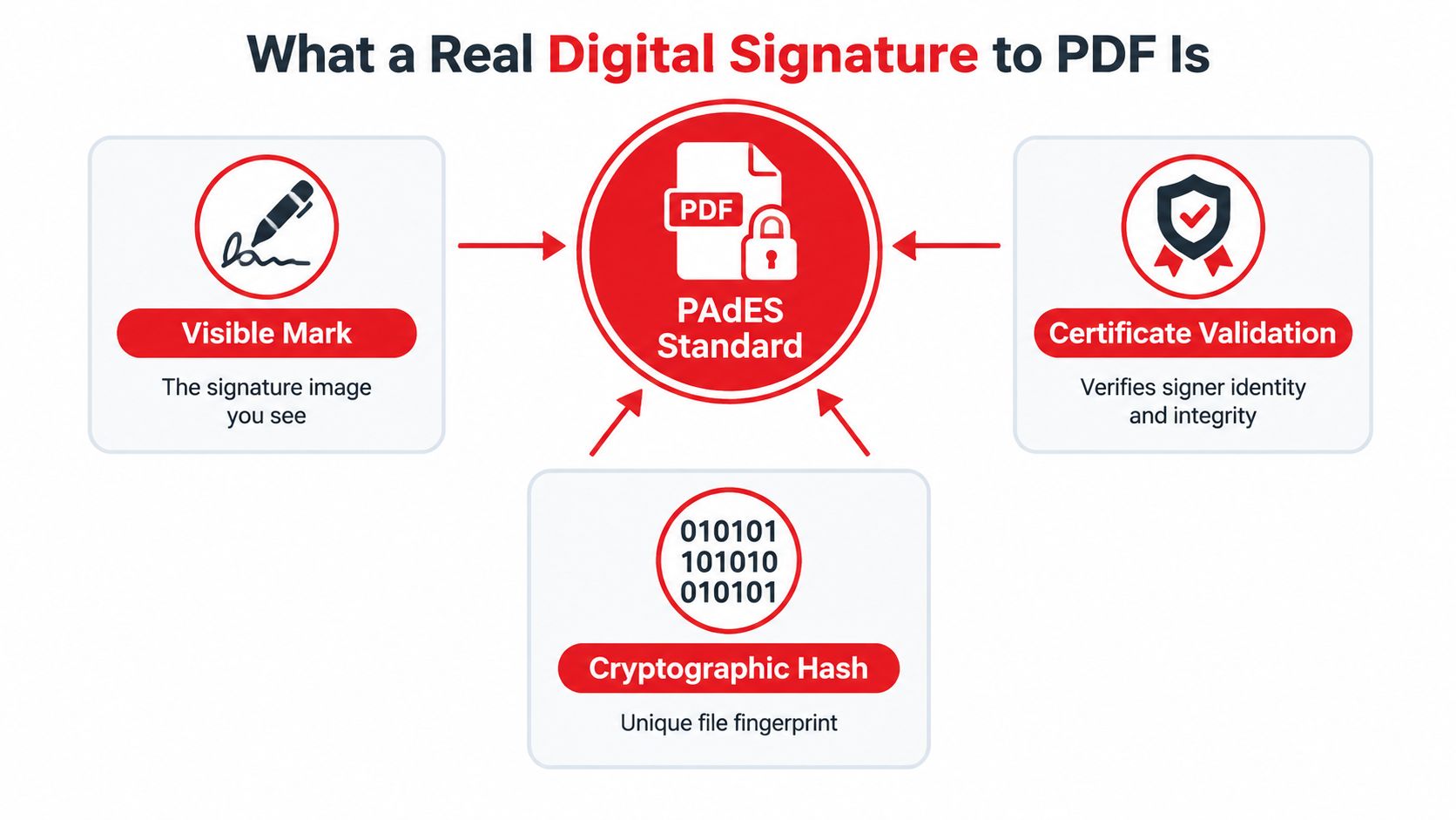 A diagram explaining that a real digital signature to PDF includes a visible mark, certificate validation, and cryptographic hash.