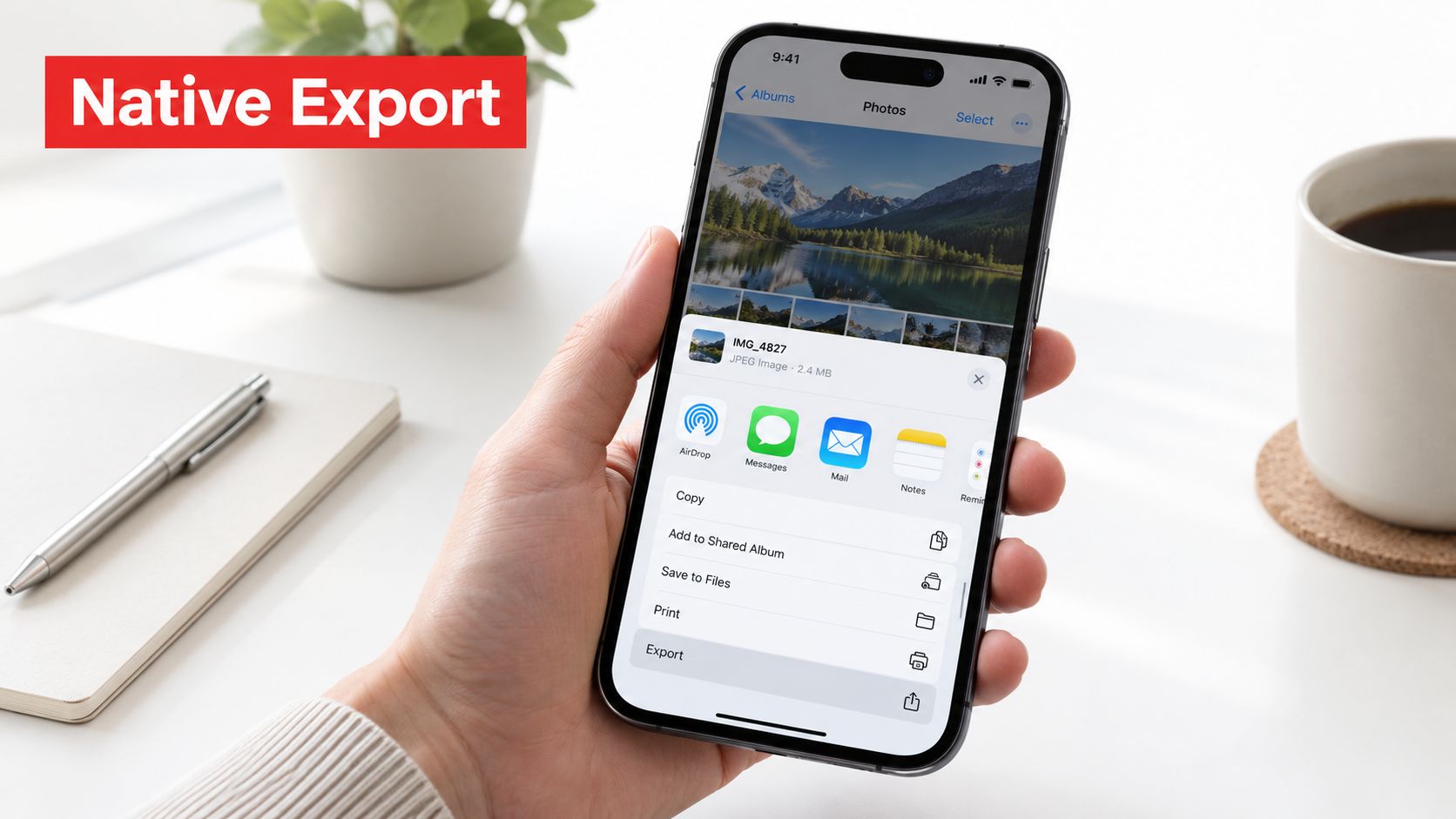 A hand holding an iPhone displaying the native iOS share menu options for exporting photo files.