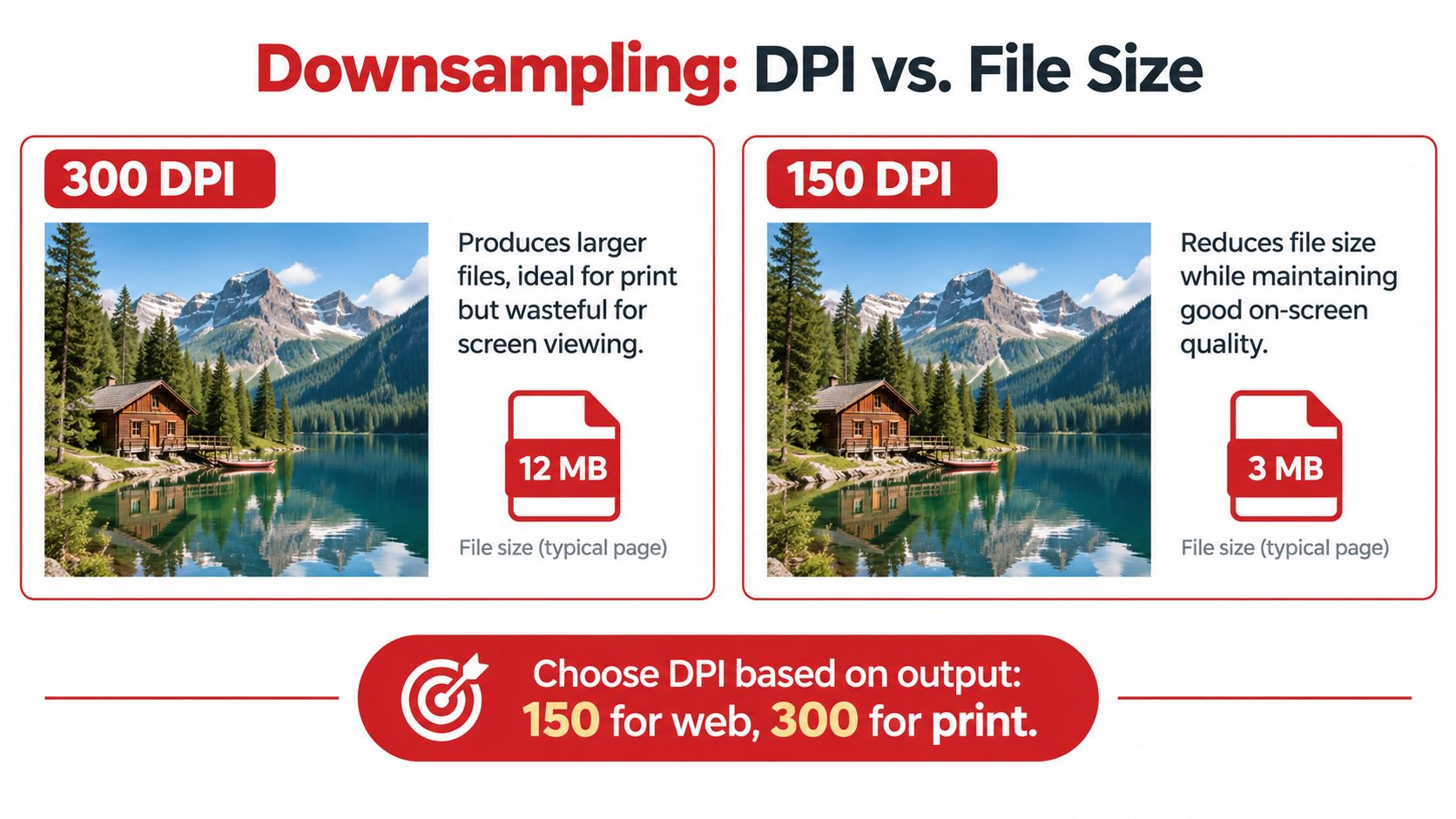 An infographic illustrating how image downsampling from 300 DPI to 150 DPI reduces file size for web use.