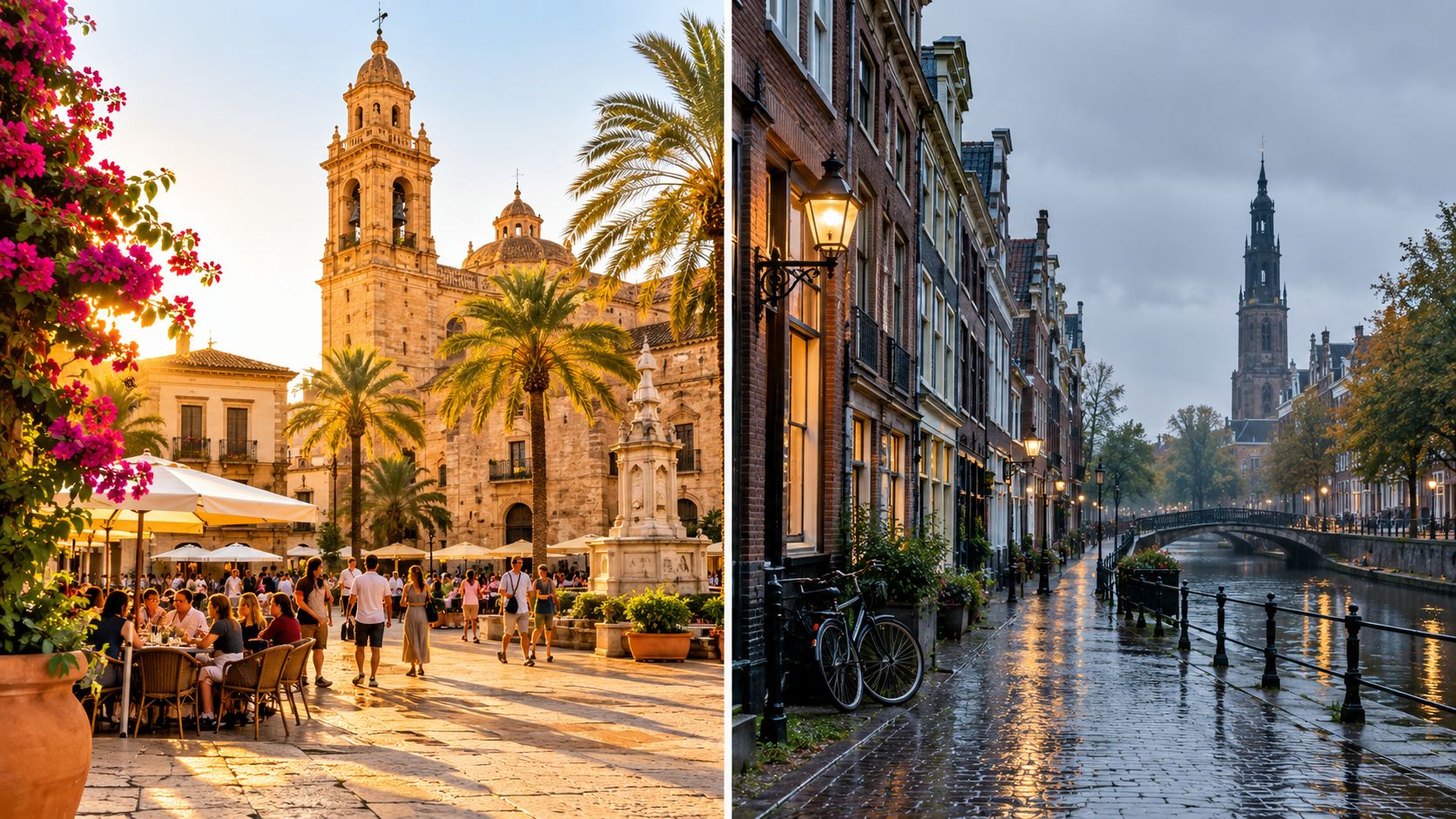 A split screen comparing a sunny Mediterranean square with an atmospheric, rainy canal scene in Europe.