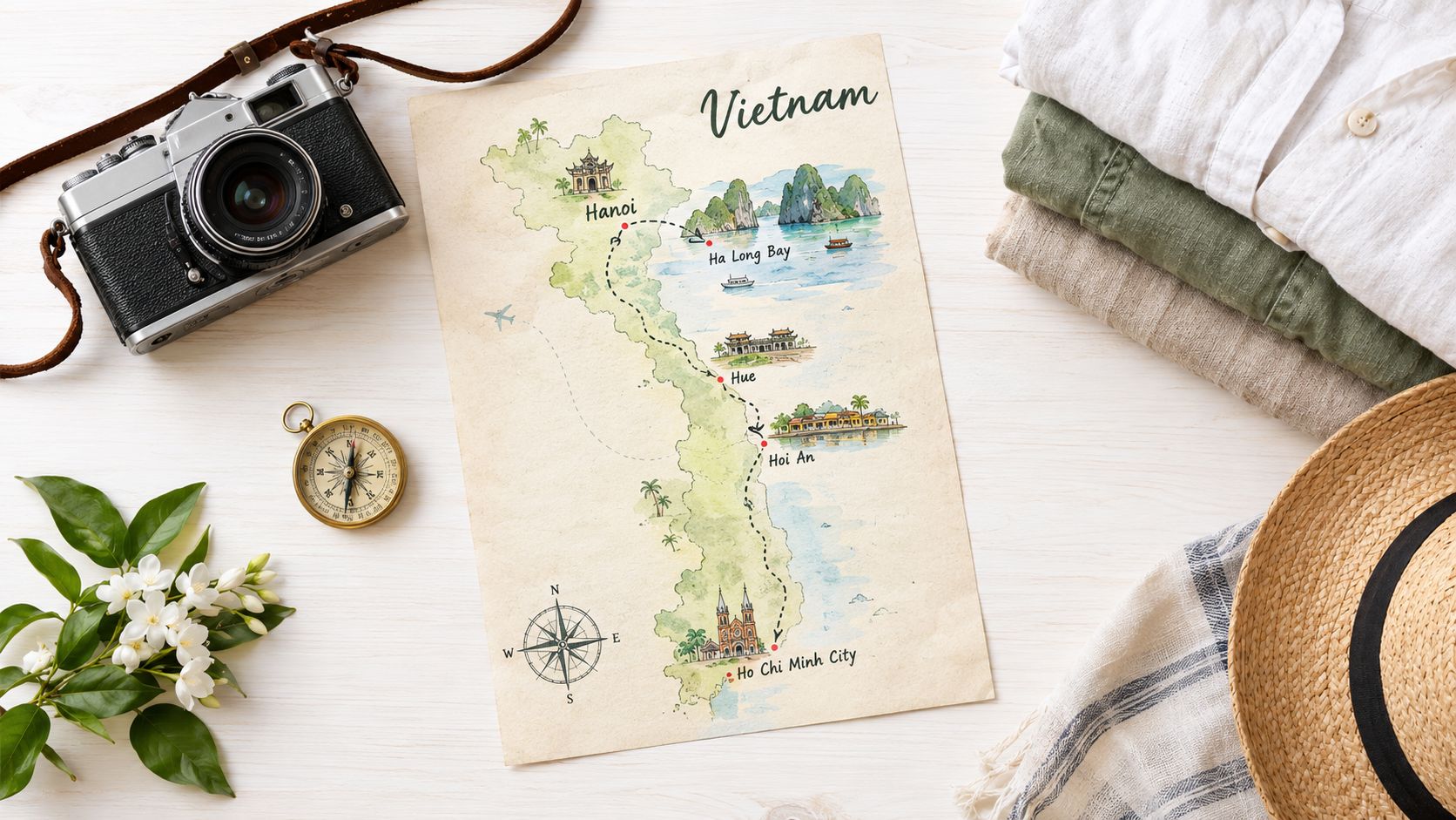 A travel-themed flatlay of a Vietnam map, vintage camera, compass, flowers, and clothing on wooden surface.