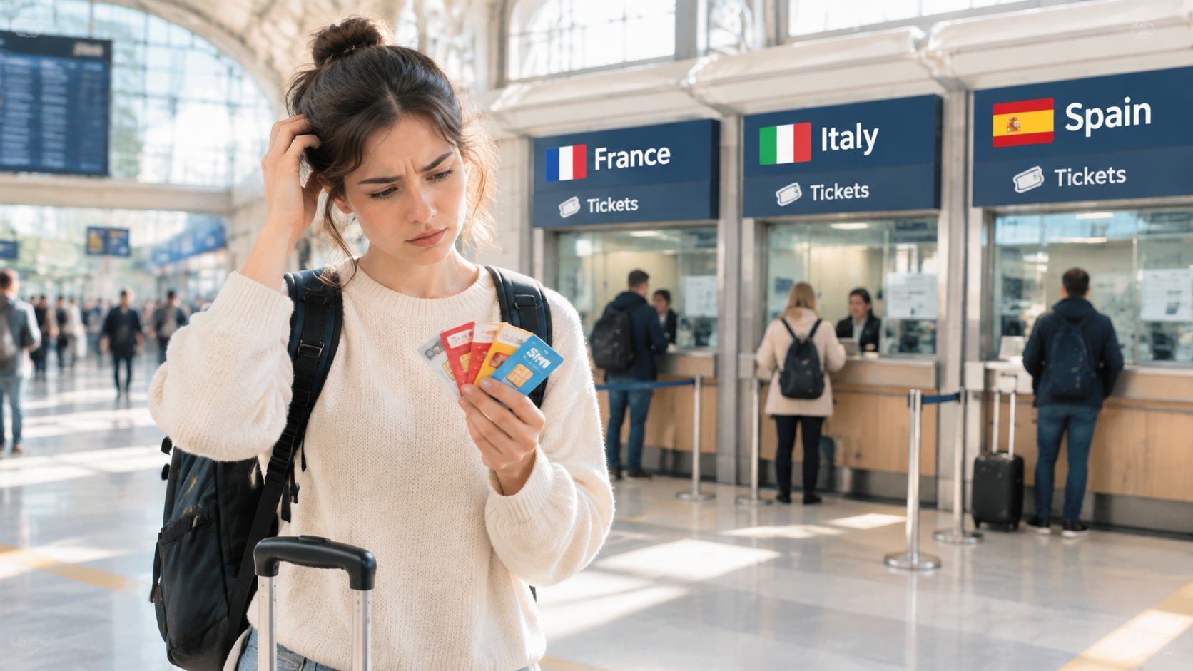 A confused traveler stands at a busy train station holding multiple travel cards and looking for directions.