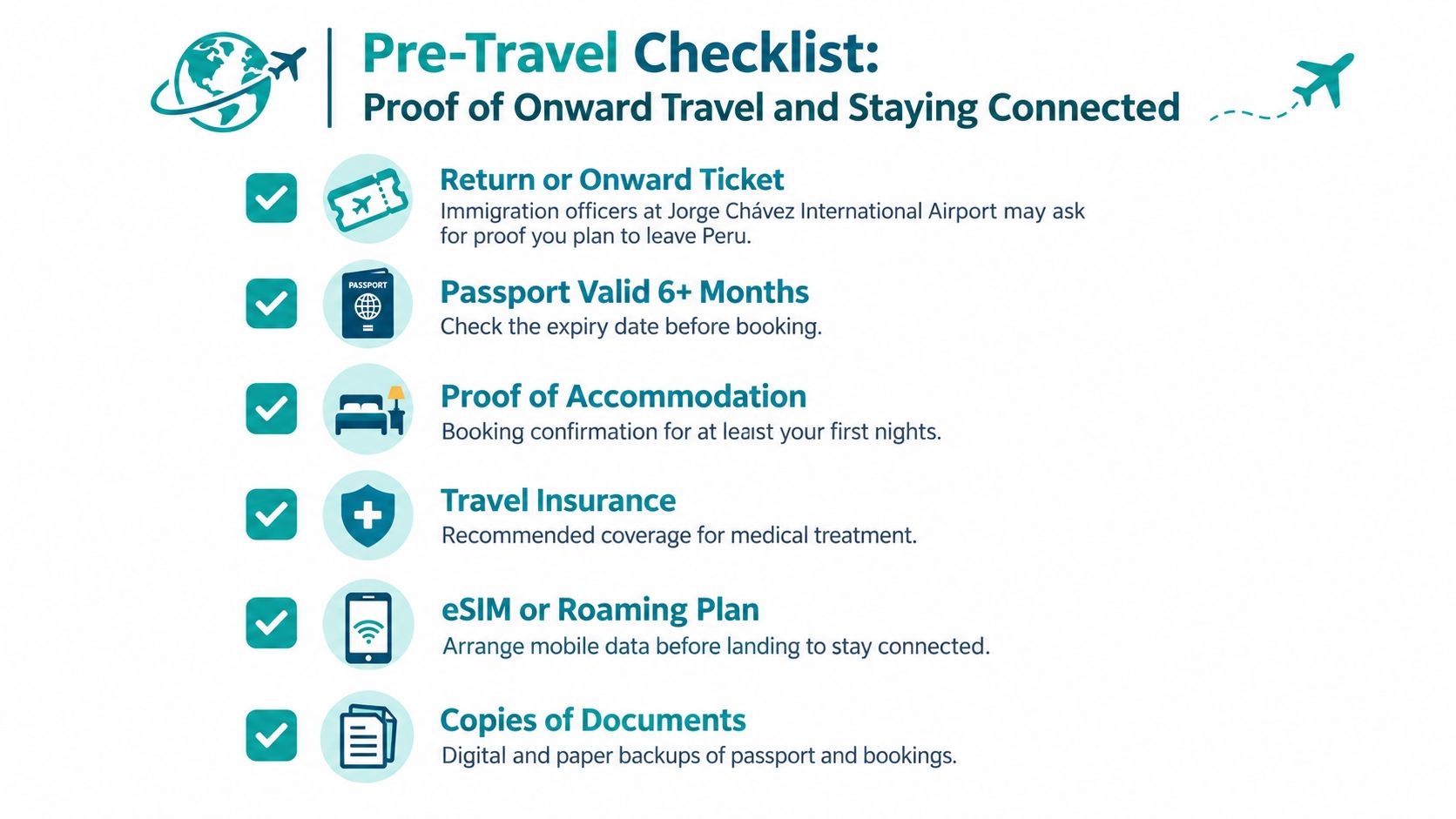 A pre-travel checklist for Peru featuring requirements like a passport, flight ticket, insurance, and accommodation booking.