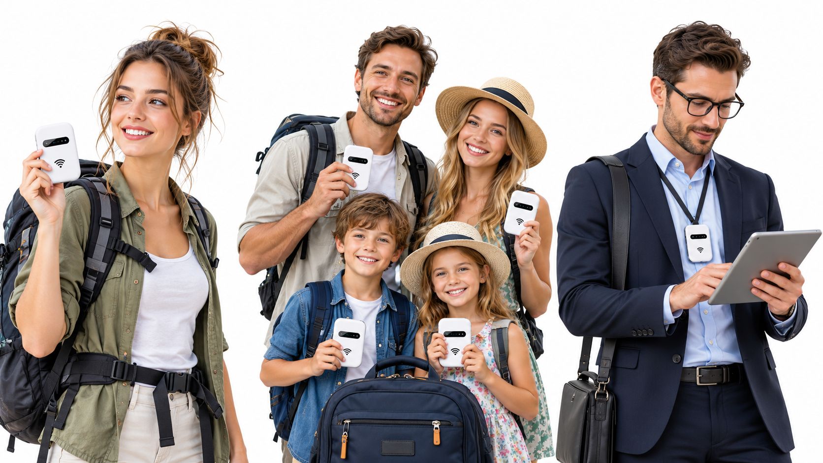 A diverse group of travelers and a business professional using portable pocket Wi-Fi devices.