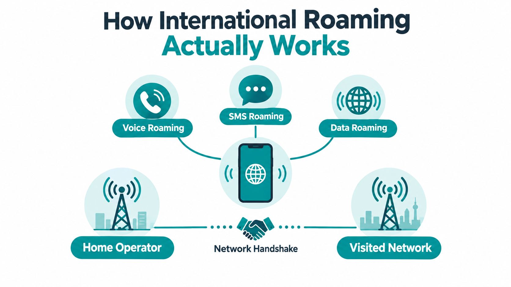 A diagram explaining international roaming with icons for voice, SMS, data, and the connection between home and visited networks.