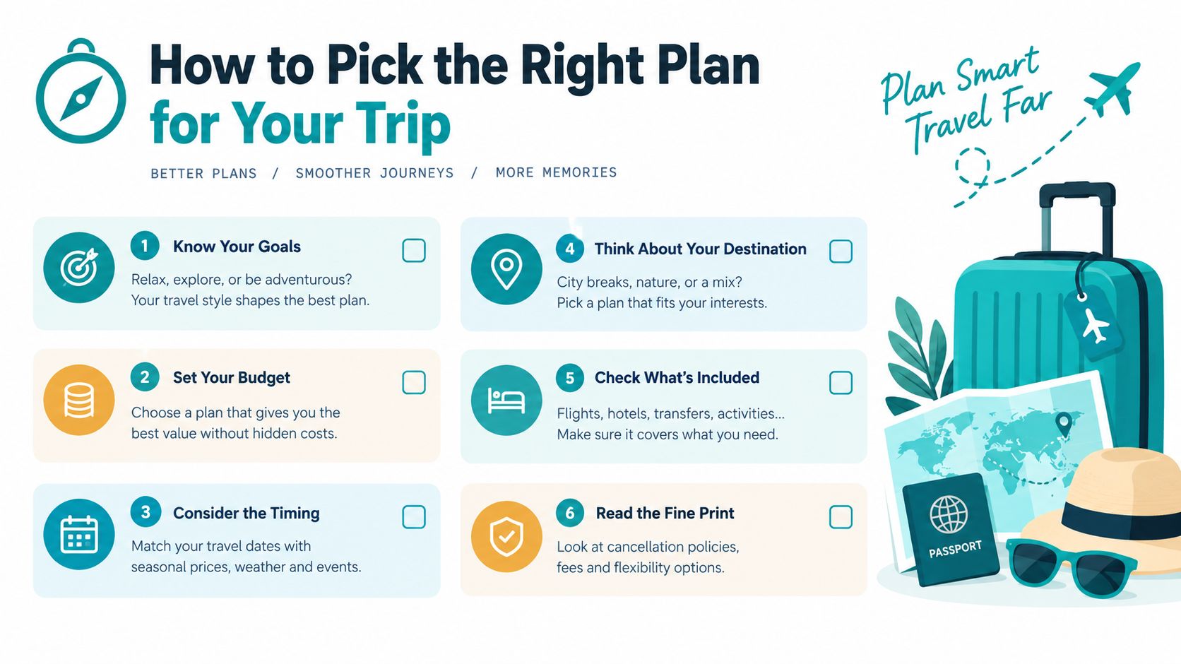 An infographic titled How to Pick the Right Plan for Your Trip with six helpful travel tips.