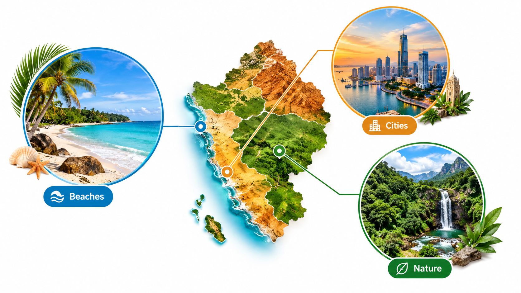 A map of a region highlighting tourism categories including sandy beaches, modern cities, and lush natural waterfalls.