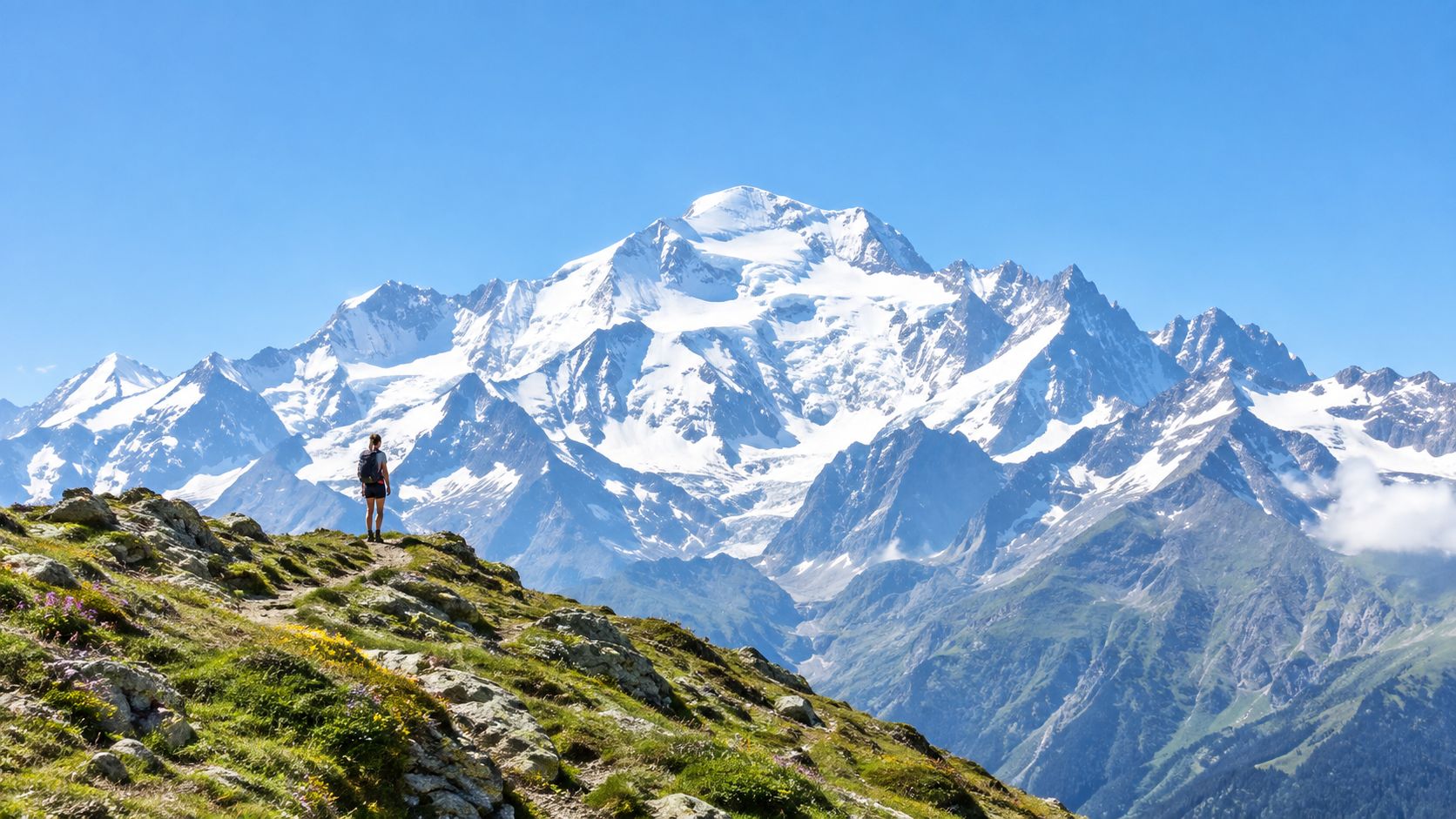 A hiker standing on a grassy mountain ridge overlooking the snow-capped peaks of Mont Blanc in France.