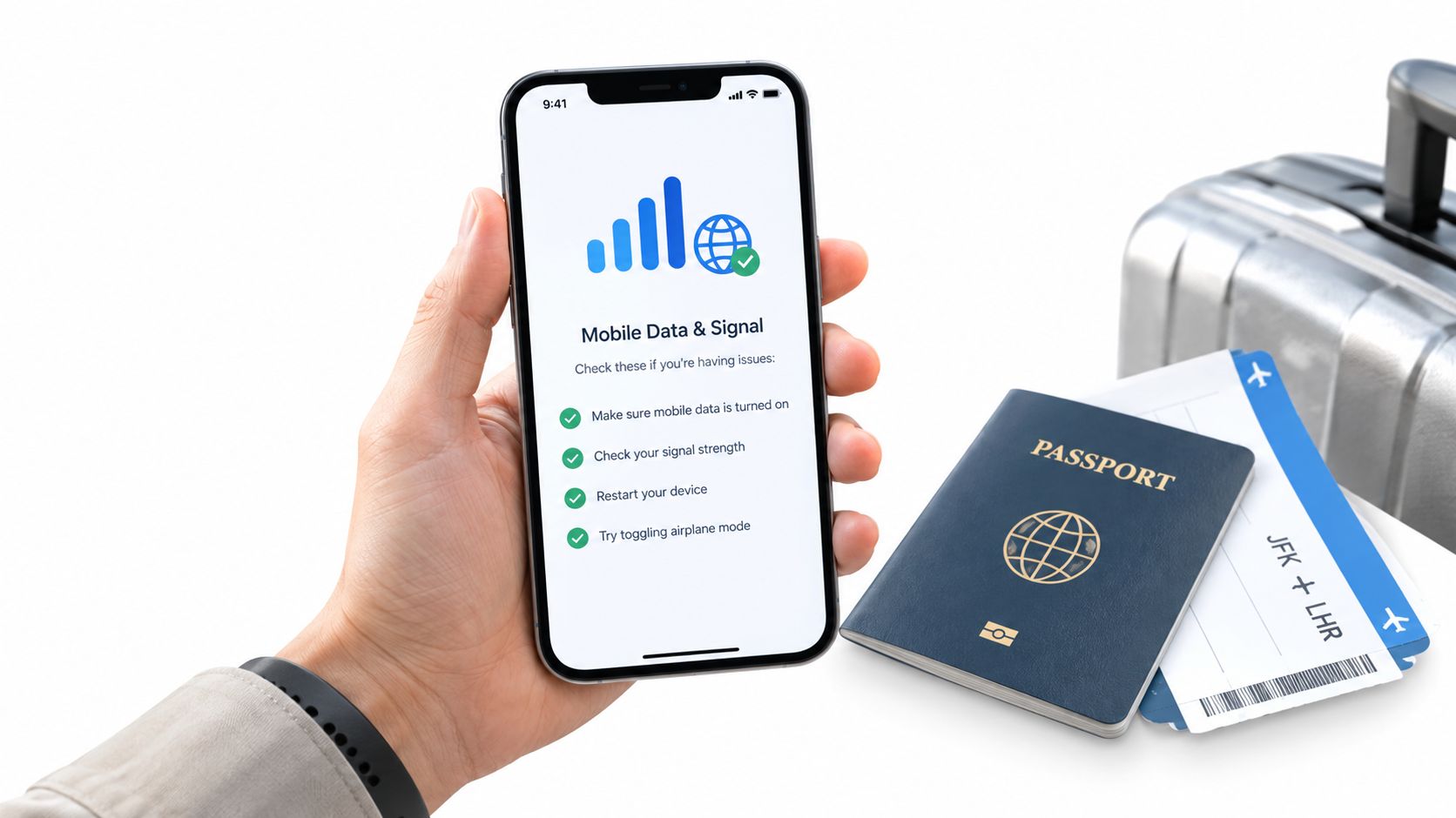 A person holding a smartphone showing mobile data settings next to a passport and airplane tickets for travel.