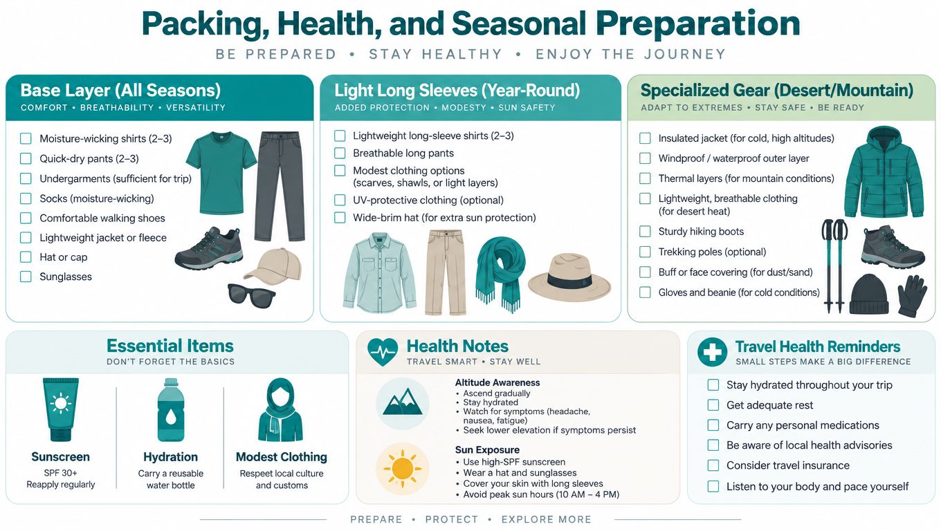 An infographic checklist for packing, health, and seasonal travel preparations, including clothing, gear, and wellness tips.