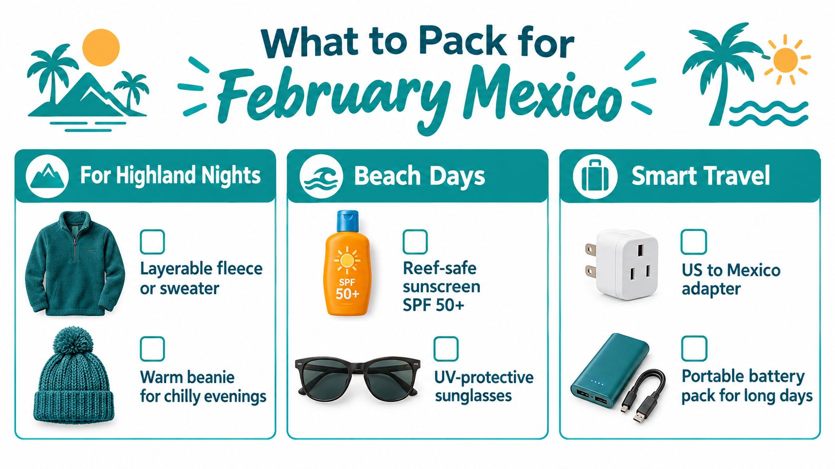 A checklist for packing essentials for a trip to Mexico in February including warm clothes and beach accessories.