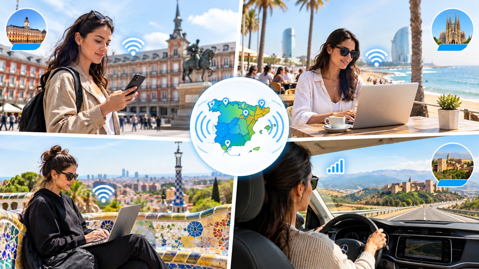 A collage showing a woman using digital devices in various beautiful travel locations throughout Spain.